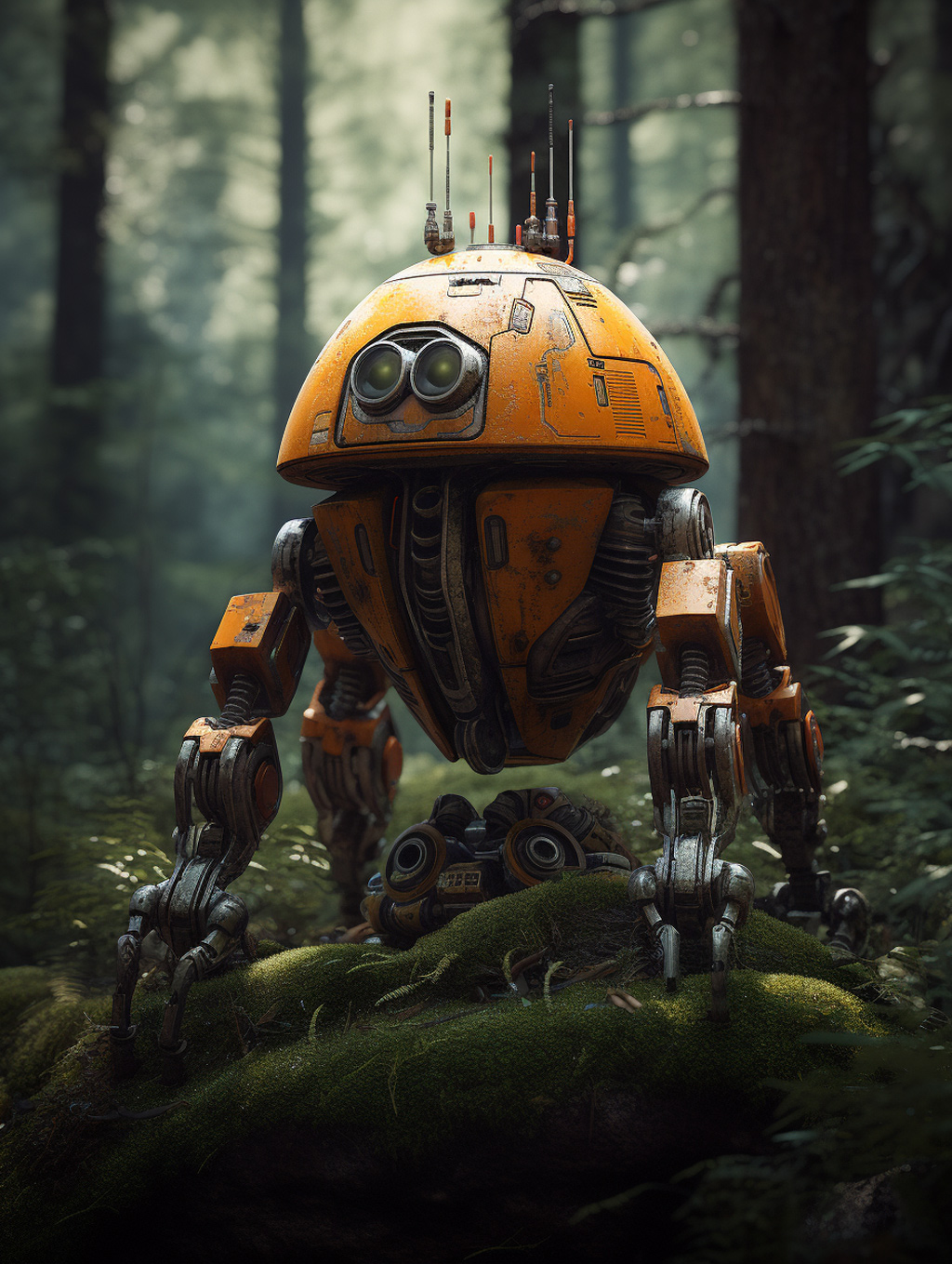 橙色机器人森林探险Midjourney咒语 - Ai宇宙吧--Ai宇宙吧-