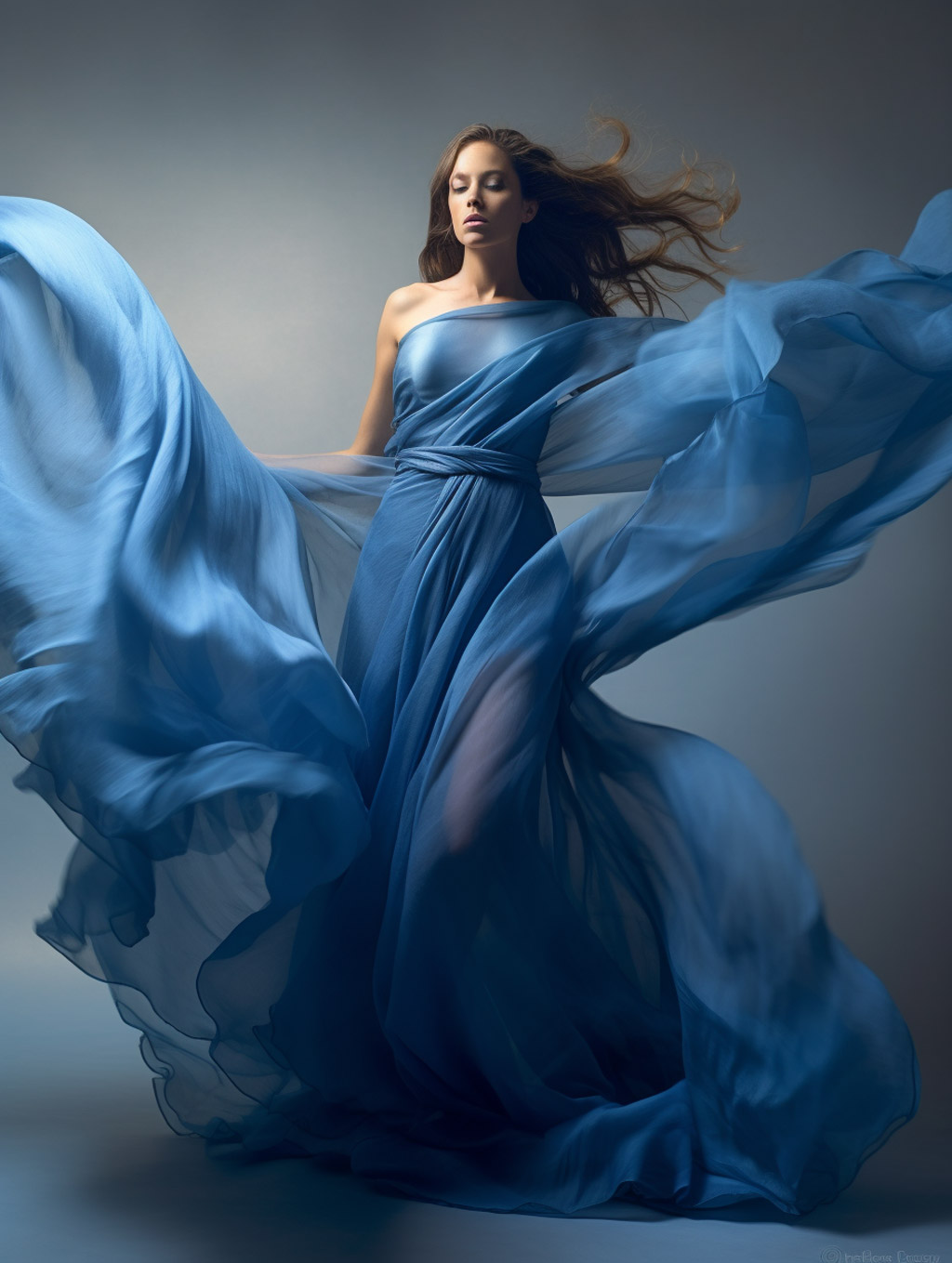 美女模特蓝色连衣裙拍摄Midjourney关键词 - Ai宇宙吧--Ai宇宙吧-