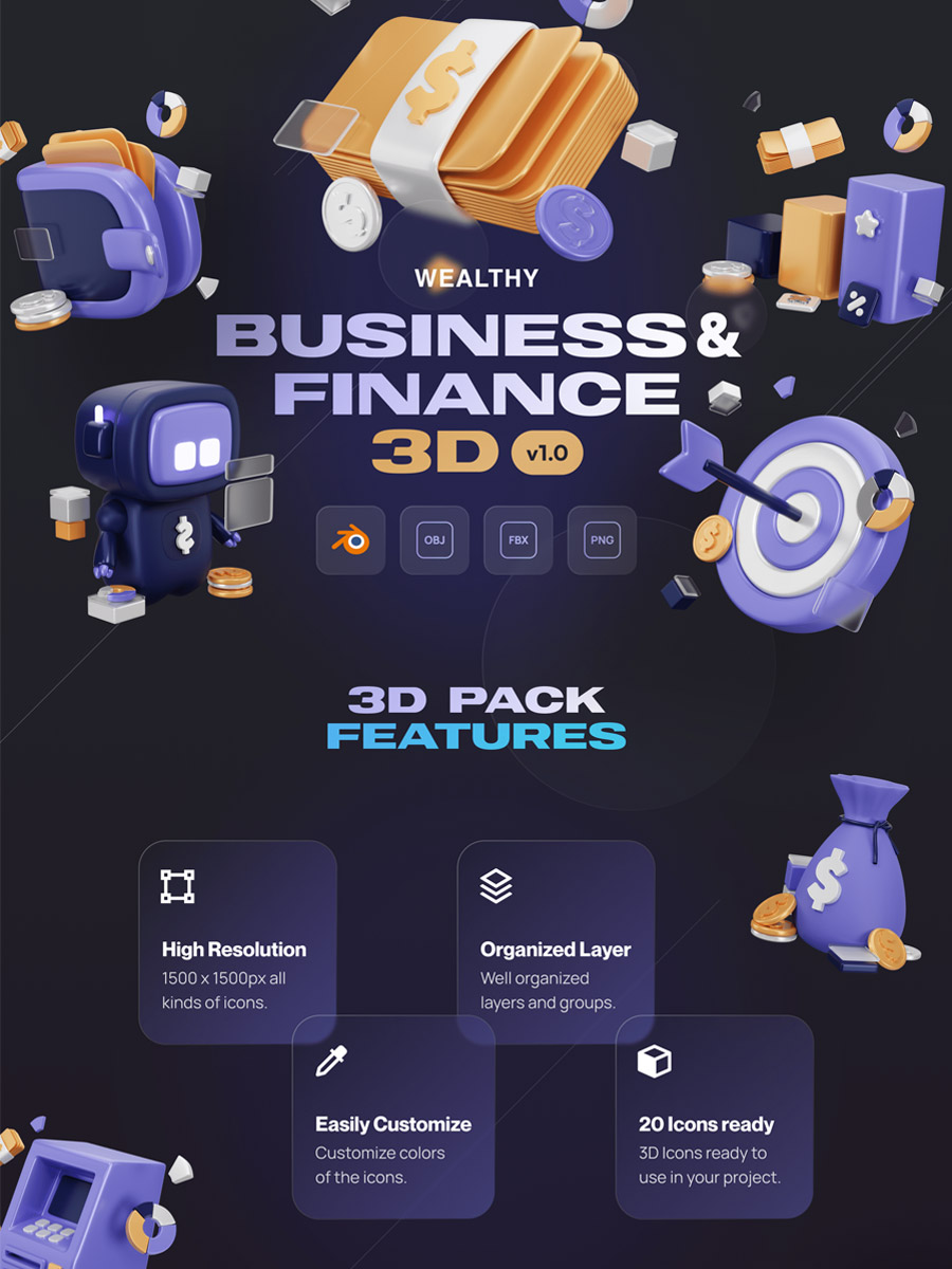  3D商务金融图标模型Blender - Ai宇宙吧--Ai宇宙吧-