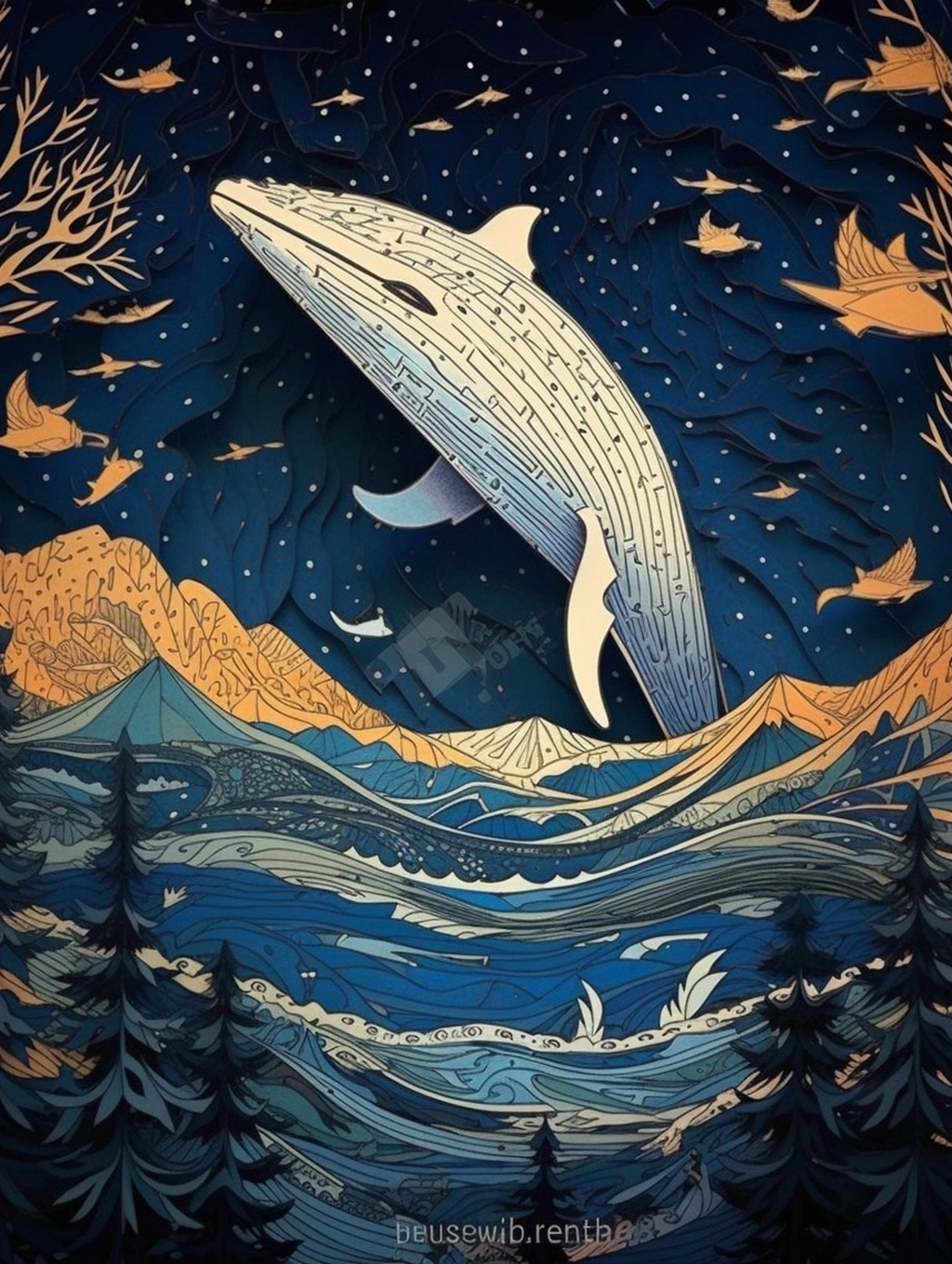 剪纸艺术鲸鱼飞翔Midjourney咒语 - Ai宇宙吧--Ai宇宙吧-