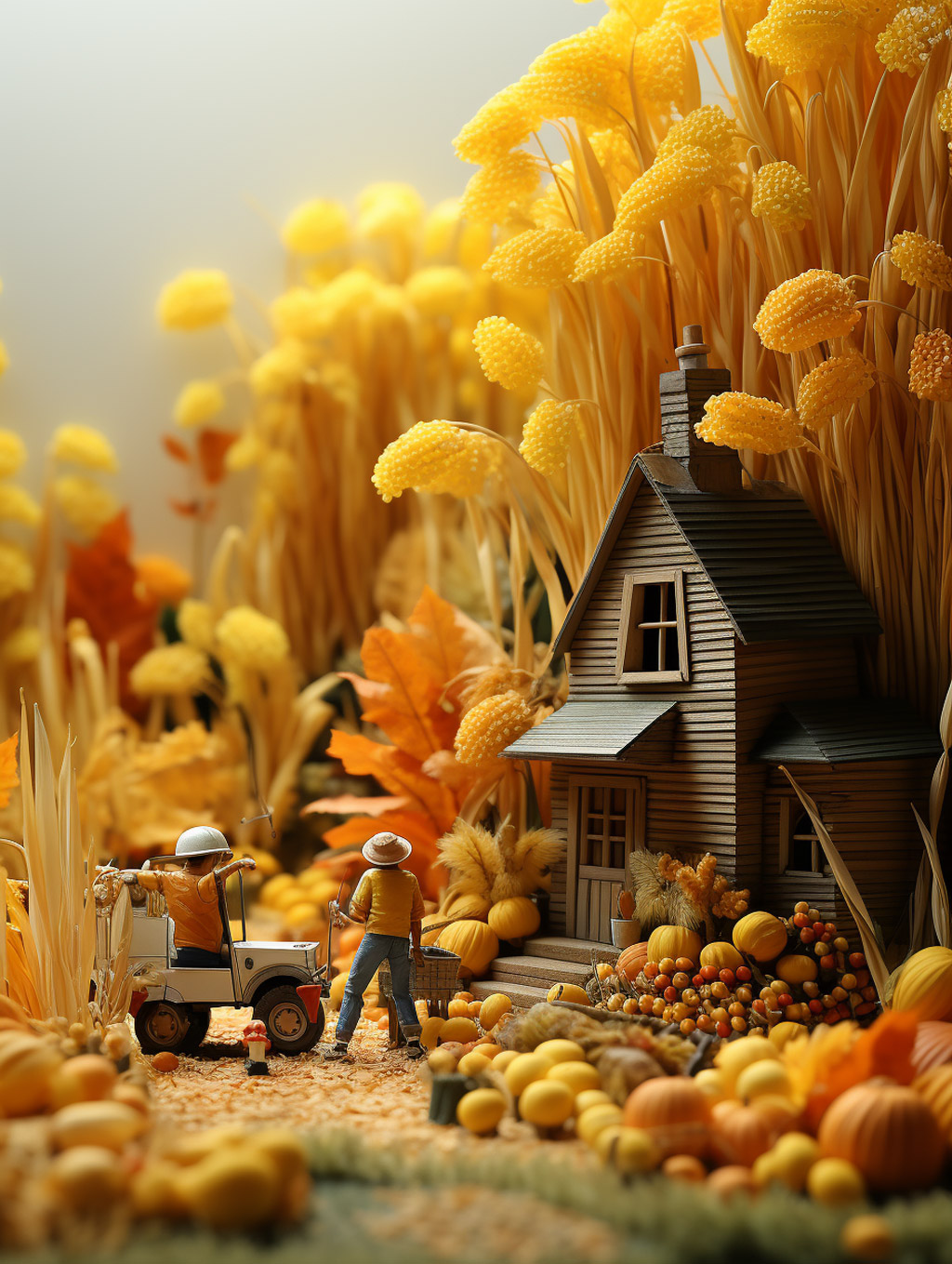 创意微观秋天南瓜玉米大丰收季节可爱人物玩具雕塑模型Midjourney关键词咒语 - Ai宇宙吧--Ai宇宙吧-
