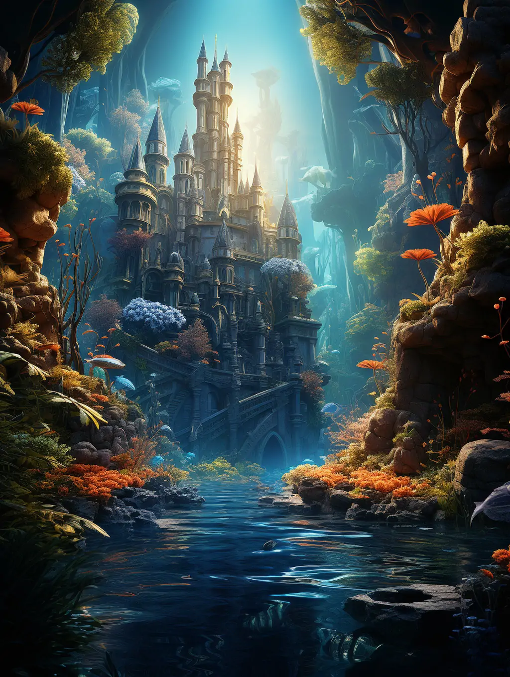 彩色水下海底世界宫殿城堡珊瑚植物幻想场景空间Midjourney关键词咒语分享 - Ai宇宙吧--Ai宇宙吧-