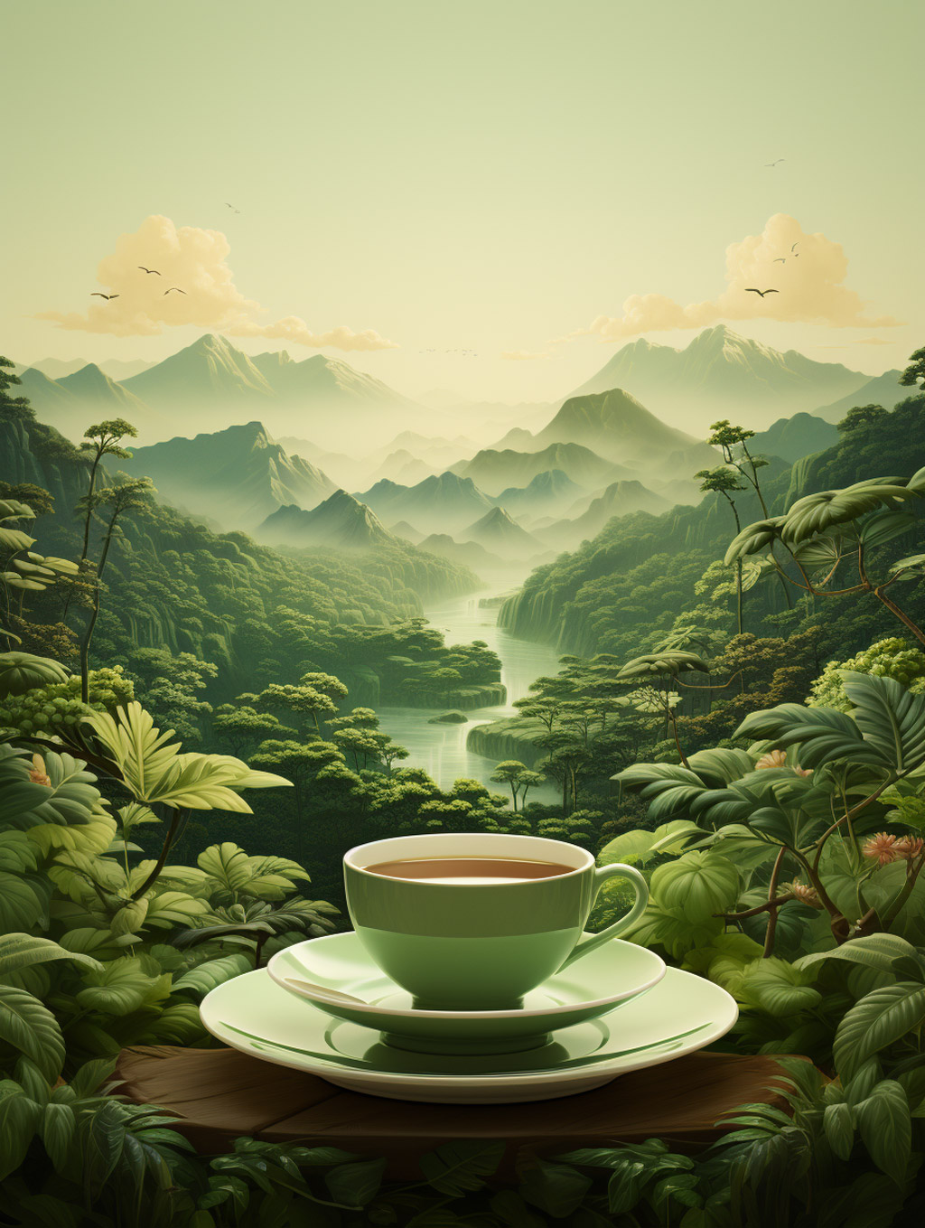 创意绿色自然植物山水风景下午茶咖啡广告摄影海报Midjourney关键词咒语 - Ai宇宙吧--Ai宇宙吧-