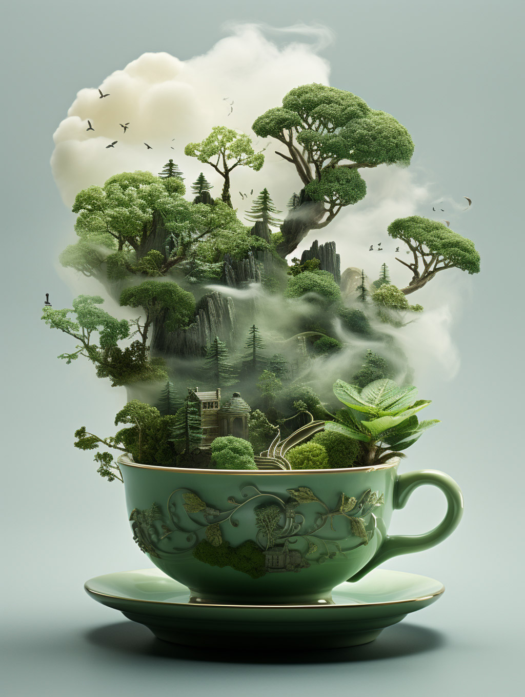 创意绿色自然植物山水风景下午茶咖啡广告摄影海报Midjourney关键词咒语分享 - Ai宇宙吧--Ai宇宙吧-