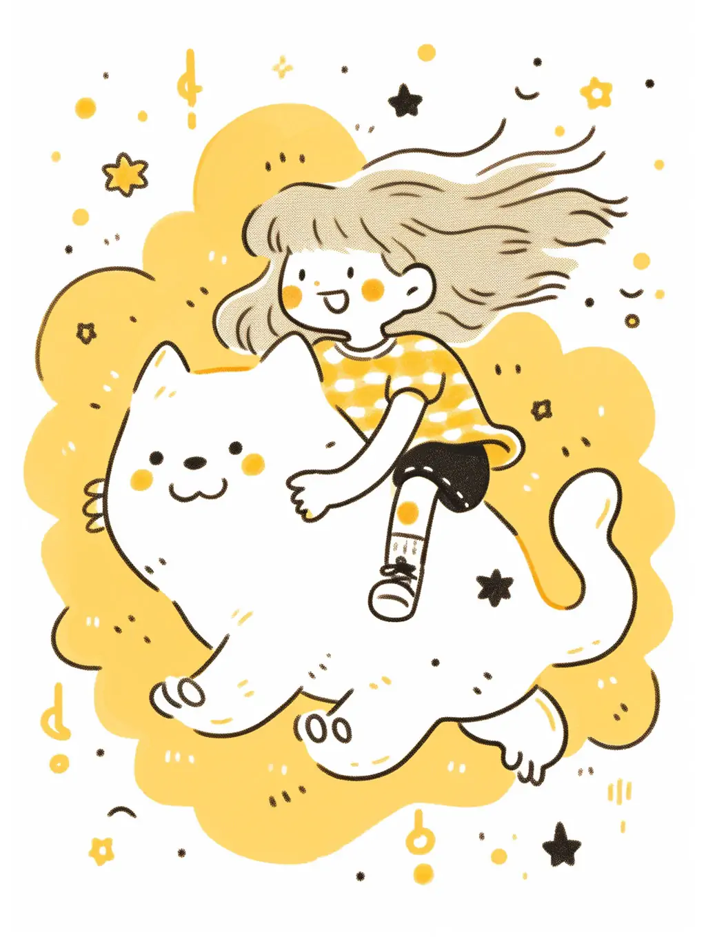 手绘趣味卡通黄色长毛猫可爱女孩梦幻星星天真顽皮艺术插图绘画Midjourney关键词咒语 - Ai宇宙吧--Ai宇宙吧-