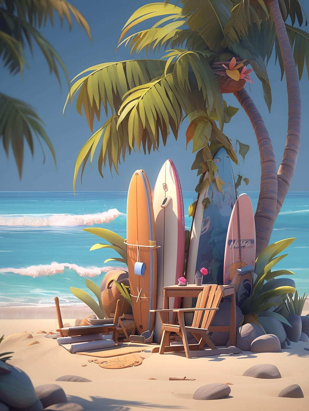 超现实主义蓝色大海沙滩躺椅冲浪板椰子树黏土Midjourney关键词咒语分享 - Ai宇宙吧--Ai宇宙吧-
