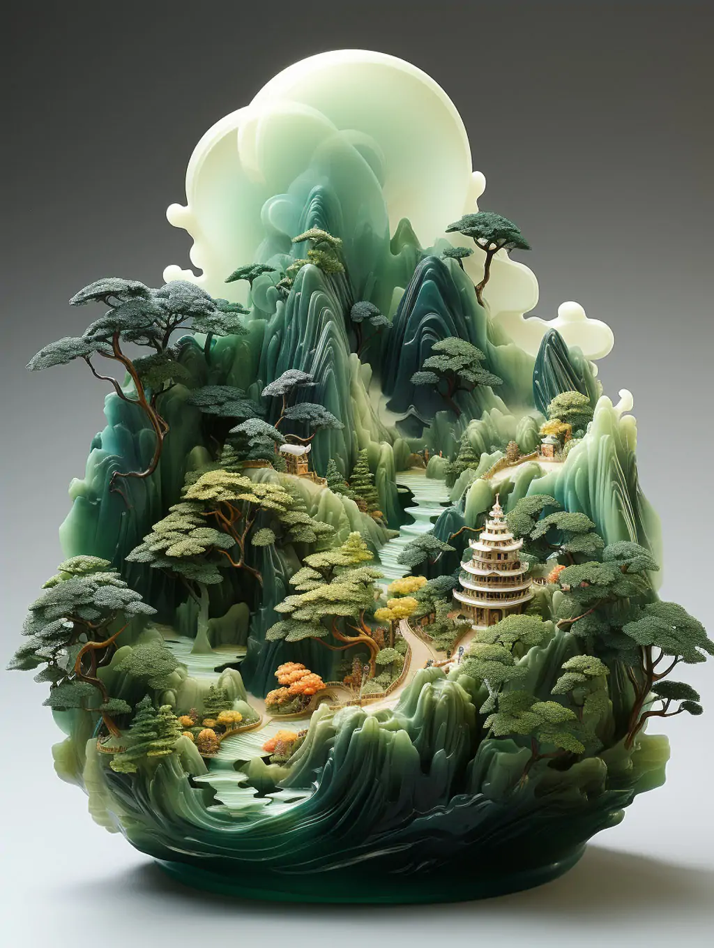 创意玉石翡翠山水风景树木雕刻模型摆件艺术品Midjourney关键词咒语 - Ai宇宙吧--Ai宇宙吧-
