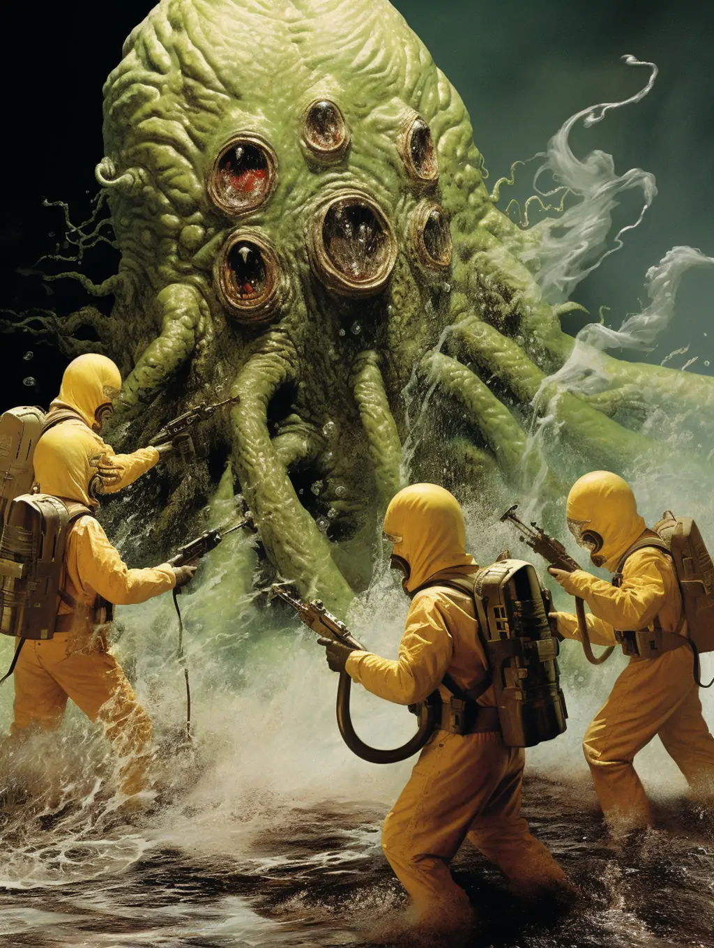 未来主义海洋防护服科学家对抗核辐射变异生物怪物场景电影海报Midjourney关键词咒语 - Ai宇宙吧--Ai宇宙吧-