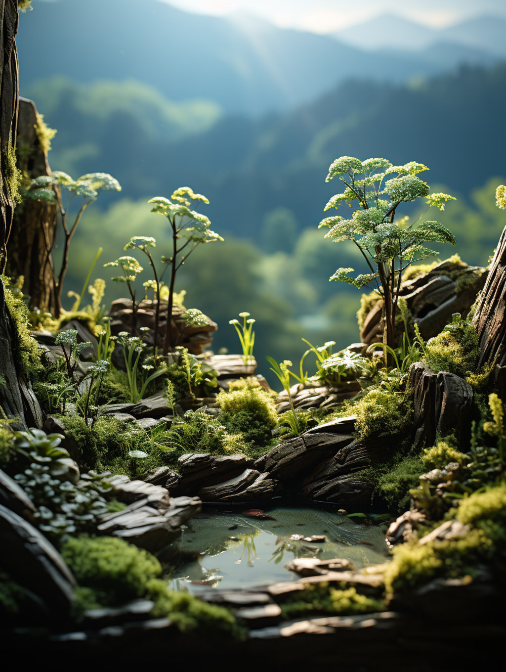 创意自然绿色植物森林岩石树木微景观模型背景Midjourney关键词咒语 - Ai宇宙吧--Ai宇宙吧-