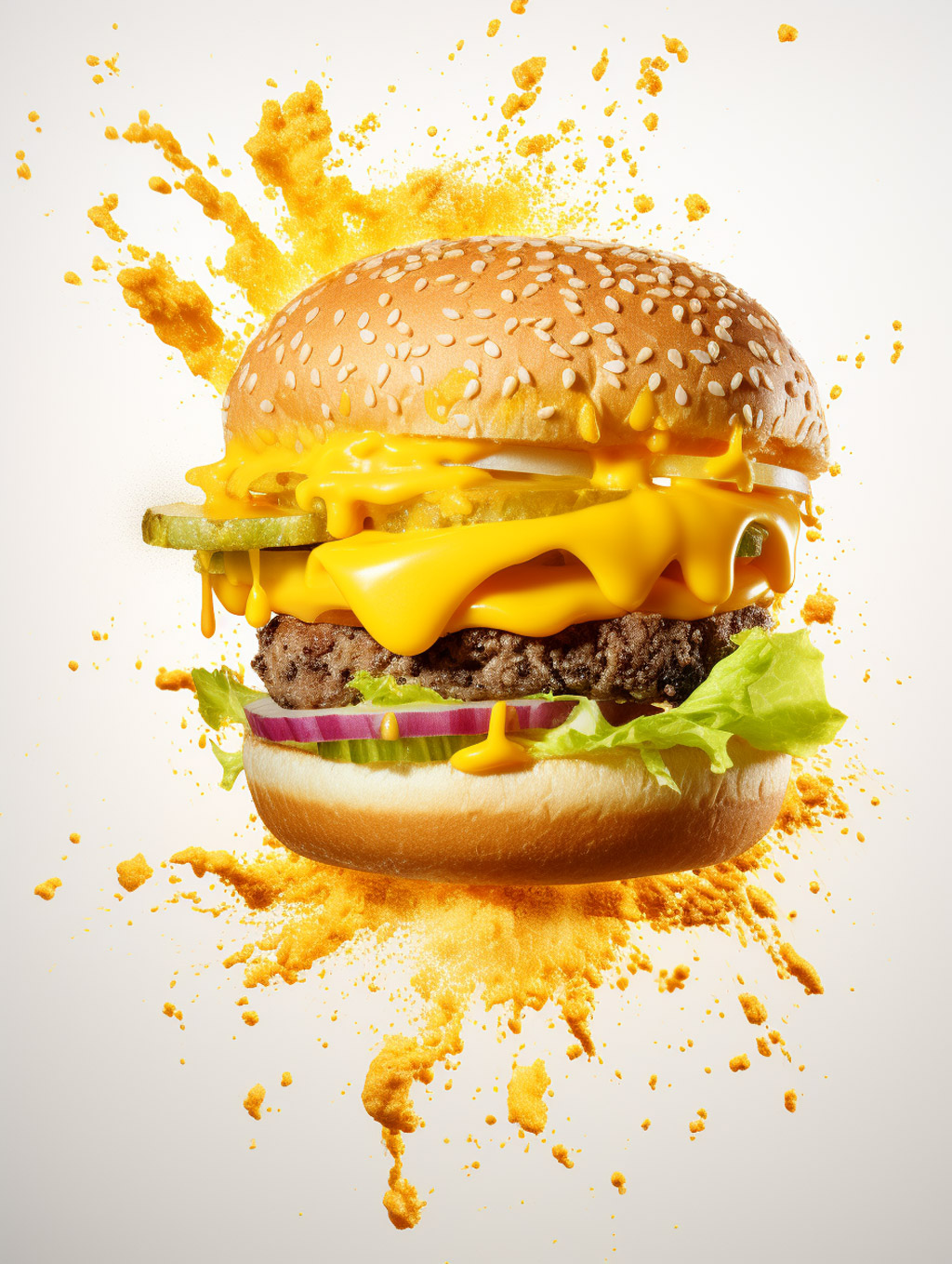 创意黄色芝士汉堡爆炸效果广告摄影海报Midjourney关键词咒语分享 - Ai宇宙吧--Ai宇宙吧-