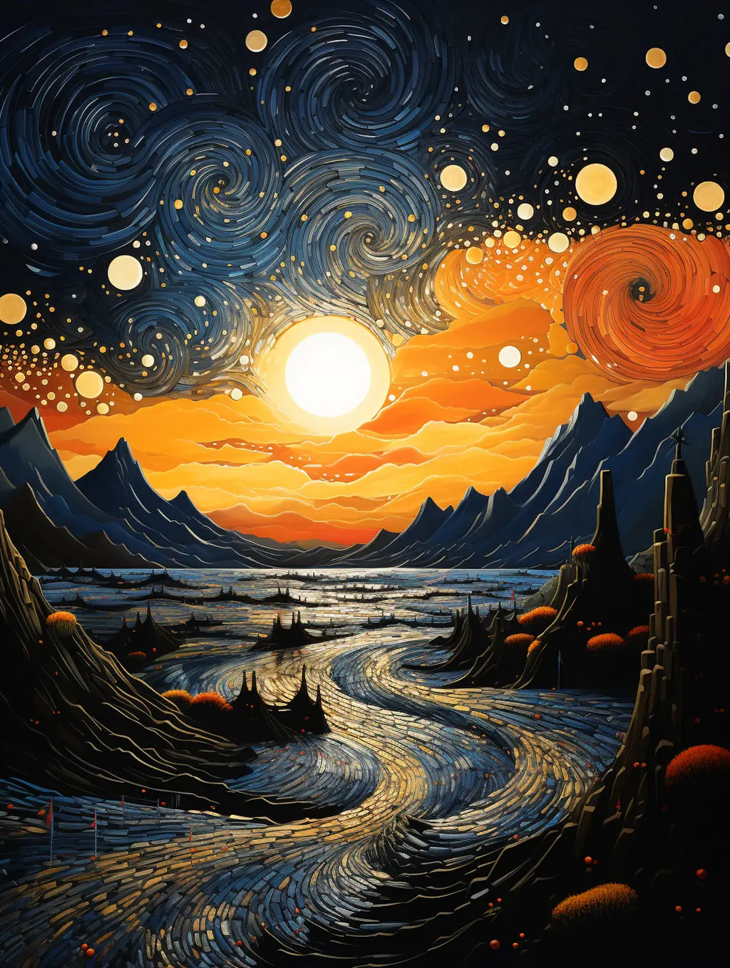 抽象艺术图形漩涡日出夕阳海浪大海自然风景插图背景Midjourney关键词咒语分享 - Ai宇宙吧--Ai宇宙吧-