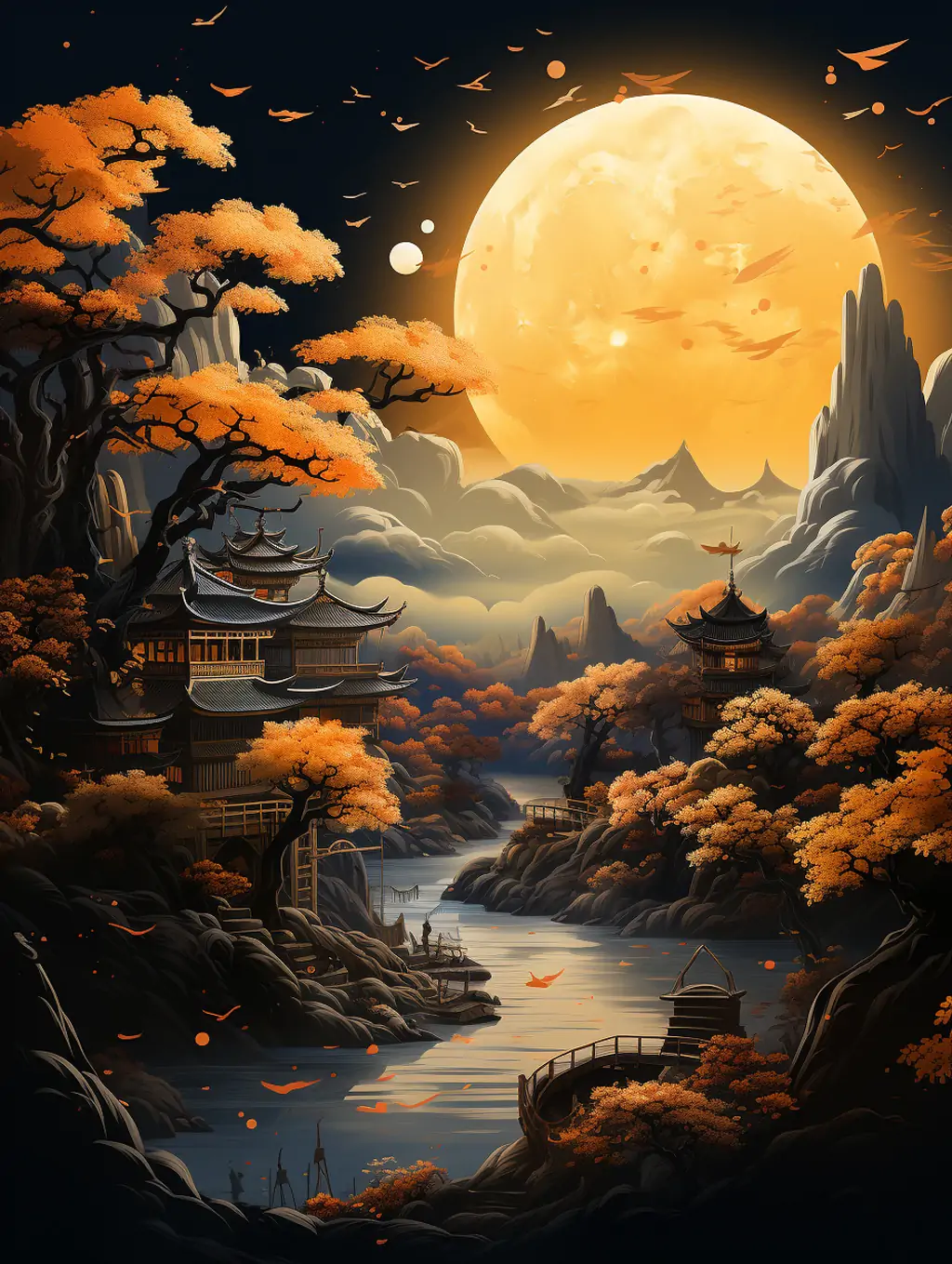 Midjourney - 中国风山水风景中秋节月亮园林景观建筑阁楼艺术插图绘画midjourney关键词咒语分享 中秋节-Ai宇宙吧-