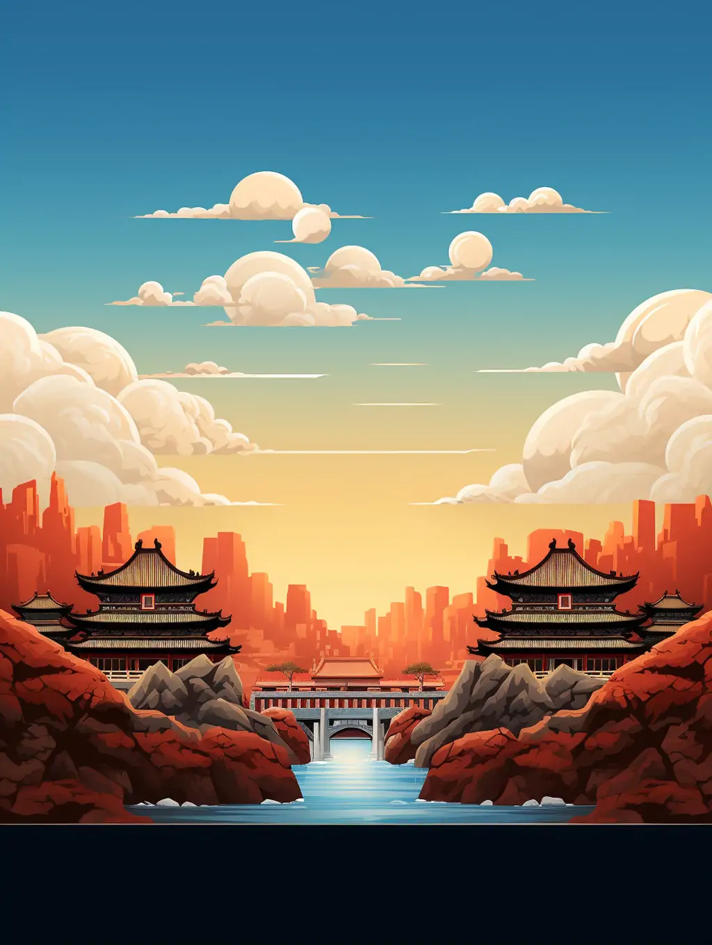 中国风复古未来主义宫殿皇宫阁楼建筑蓝天白云插图绘画海报midjourney关键词咒语分享 - Ai宇宙吧--Ai宇宙吧-