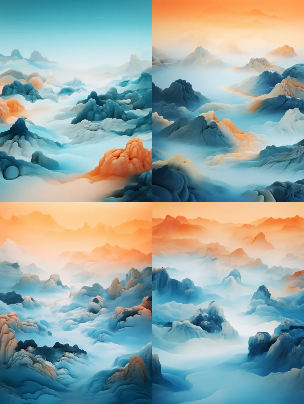 超现实主义中国风彩色山水风景画云端水墨画风格艺术插图海报背景 