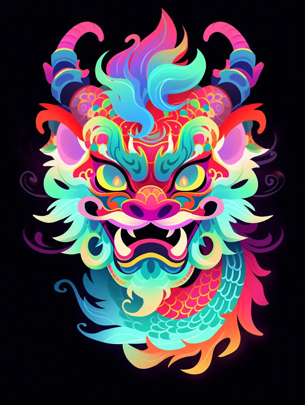 手绘可爱卡通彩色中国龙动物侧面肖像平面插图绘画Midjourney关键词咒语分享 - Ai宇宙吧--Ai宇宙吧-