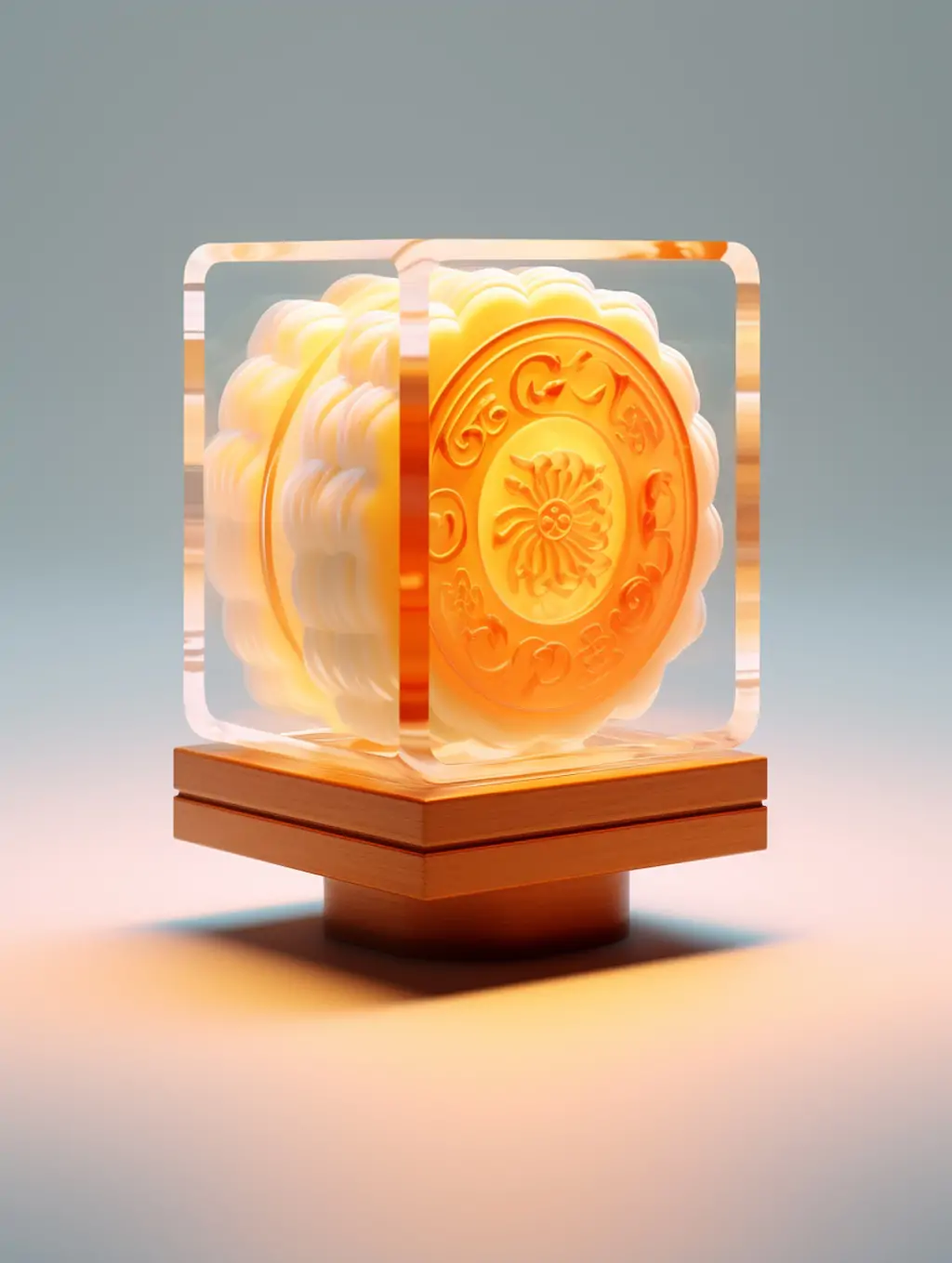 创意3D立体橙色渐变透明玻璃溶体晶莹剔透流心月饼美食模型midjourney关键词咒语分享 - Ai宇宙吧--Ai宇宙吧-