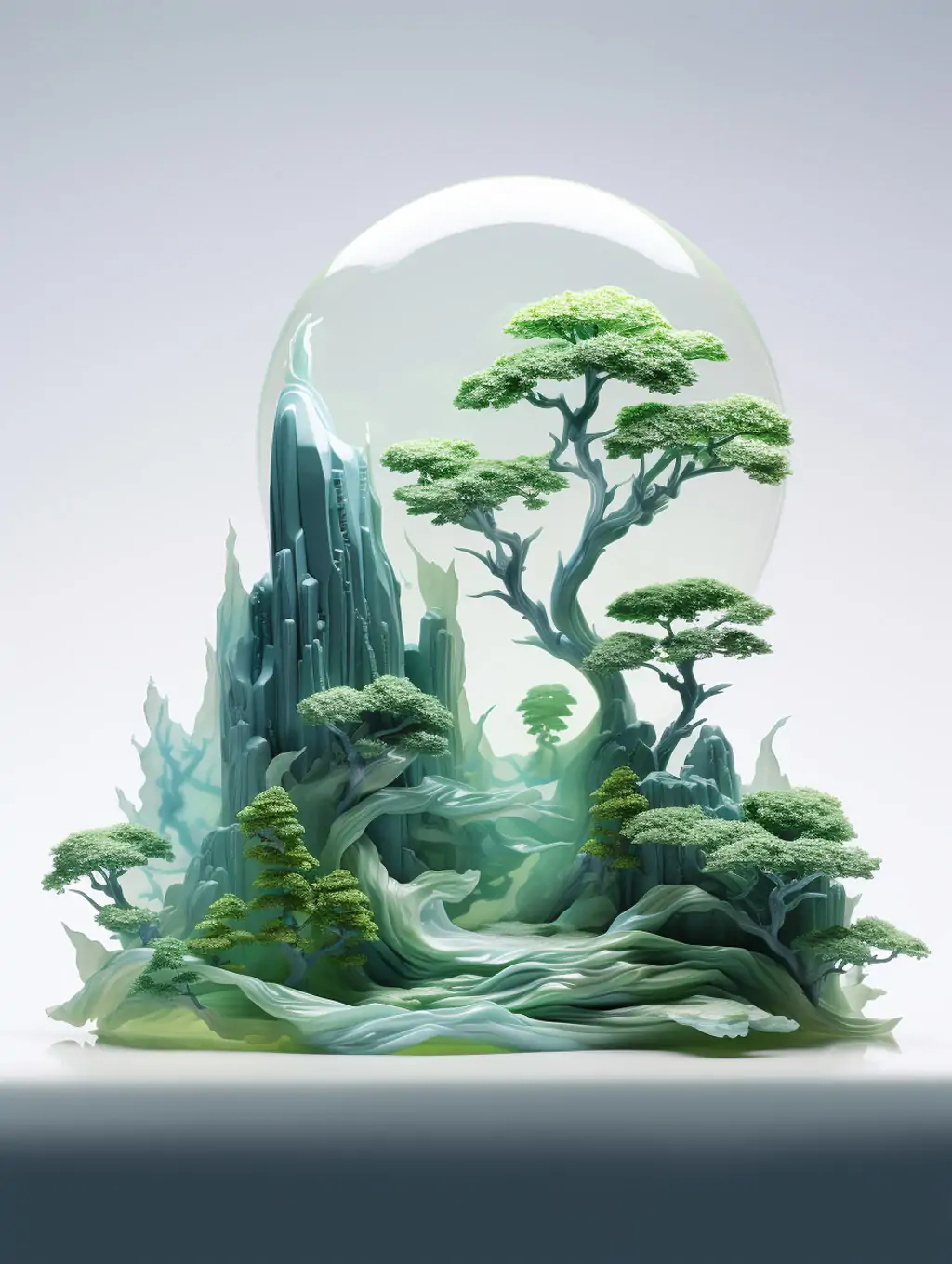 极简主义中国风立体山水风景玻璃石头雕塑工艺品摆件模型Midjourney关键词咒语分享 - Ai宇宙吧--Ai宇宙吧-