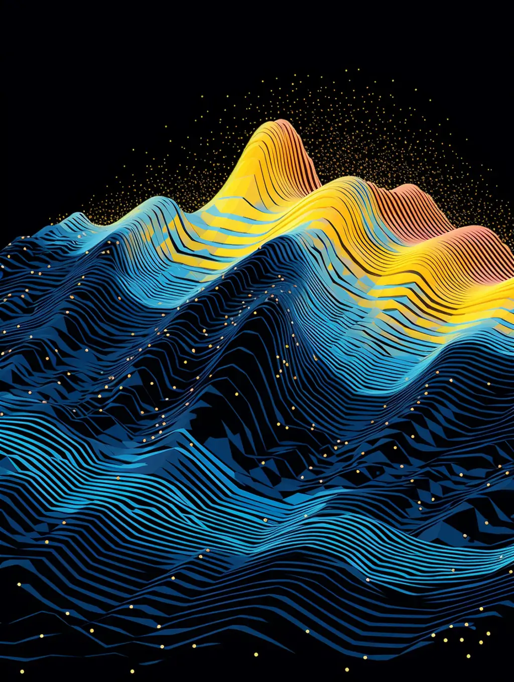 蓝色抽象艺术流动线条光点光效数字音乐有机三维立体海报背景Midjourney关键词咒语 - Ai宇宙吧--Ai宇宙吧-