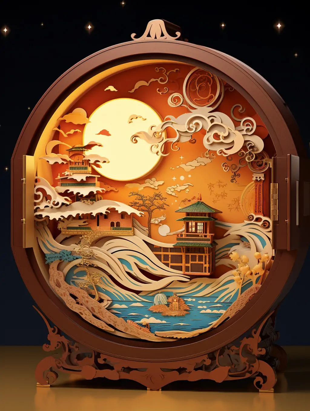 传统中秋节美味月饼雕刻镂空创意包装灵感展示海报设计背景素材midjourney关键词咒语 - Ai宇宙吧--Ai宇宙吧-