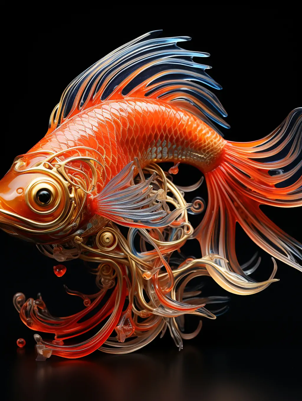 创意逼真立体红色透明塑料金属红线鱼金鱼雕塑机械模型工艺品midjourney关键词咒语分享 - Ai宇宙吧--Ai宇宙吧-