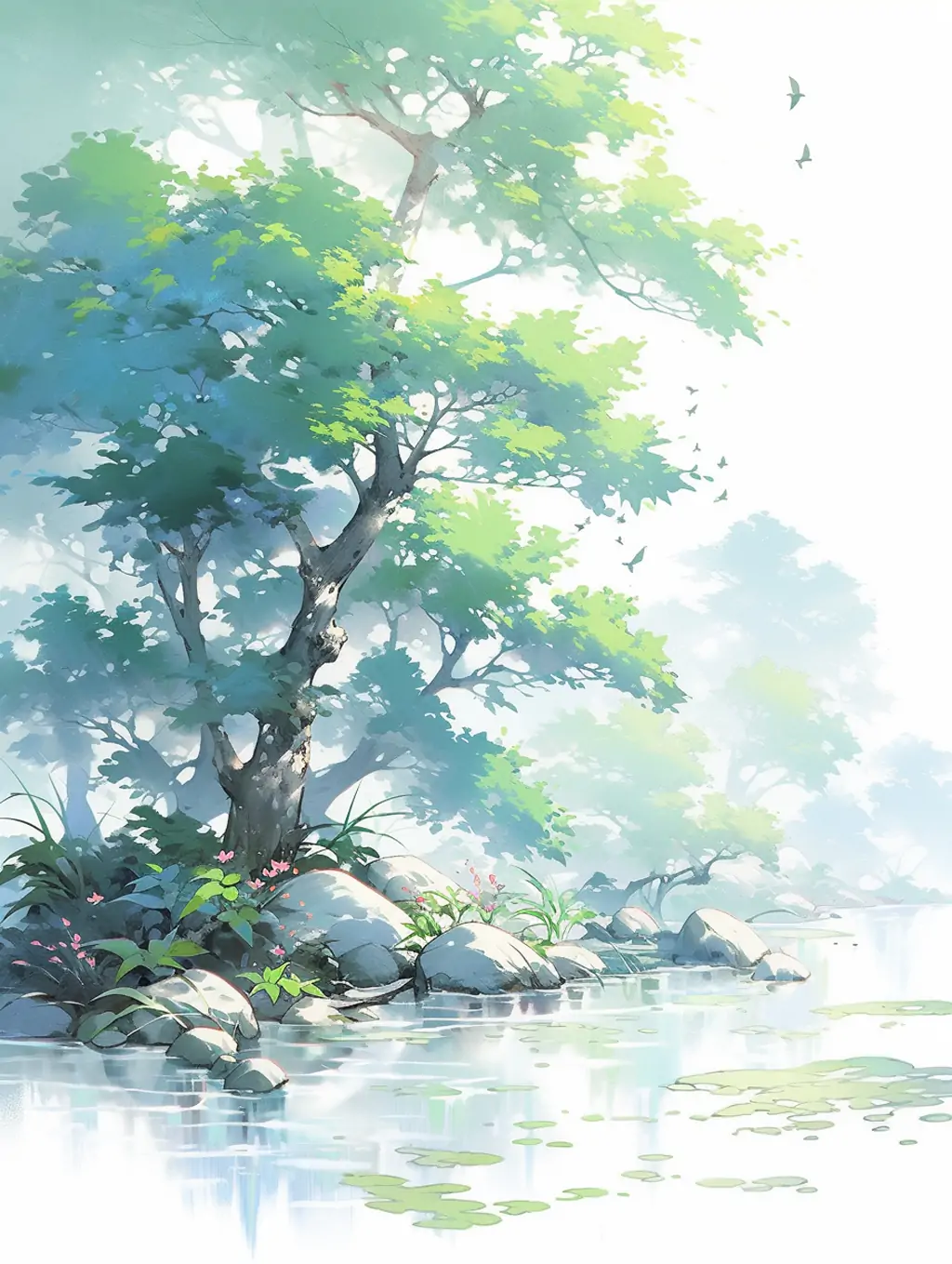 手绘中国风传统水蓝色树木植物水墨画流畅自然景观插图绘画midjourney关键词咒语分享 - Ai宇宙吧--Ai宇宙吧-