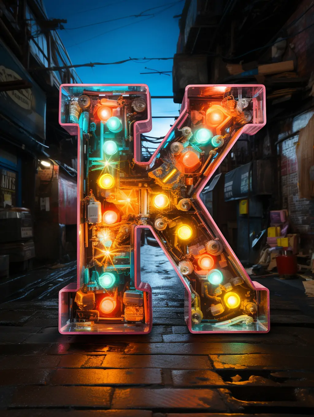创意科技俱乐部派对霓虹灯方块形状立体英文字母K展示海报midjourney关键词咒语 - Ai宇宙吧--Ai宇宙吧-