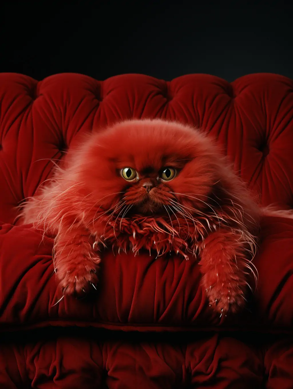 红色天鹅绒沙发可爱动物猫咪抽象艺术商业产品摄影海报midjourney关键词咒语分享 - Ai宇宙吧--Ai宇宙吧-