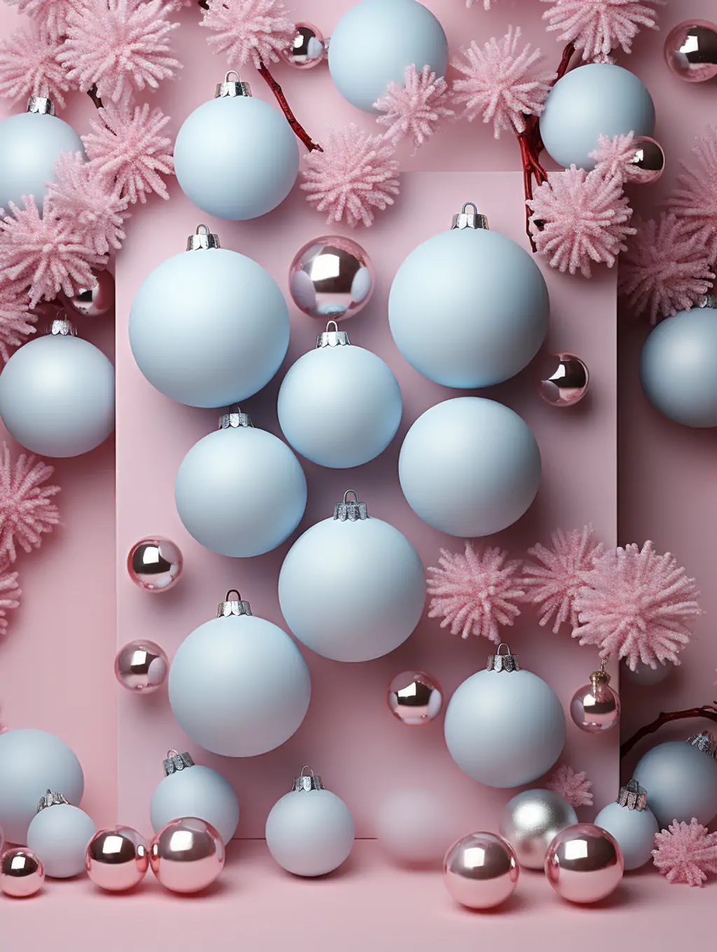 超现实美丽圣诞节粉色圣诞球装饰产品艺术摄影照片海报背景midjourney关键词咒语分享 - Ai宇宙吧--Ai宇宙吧-