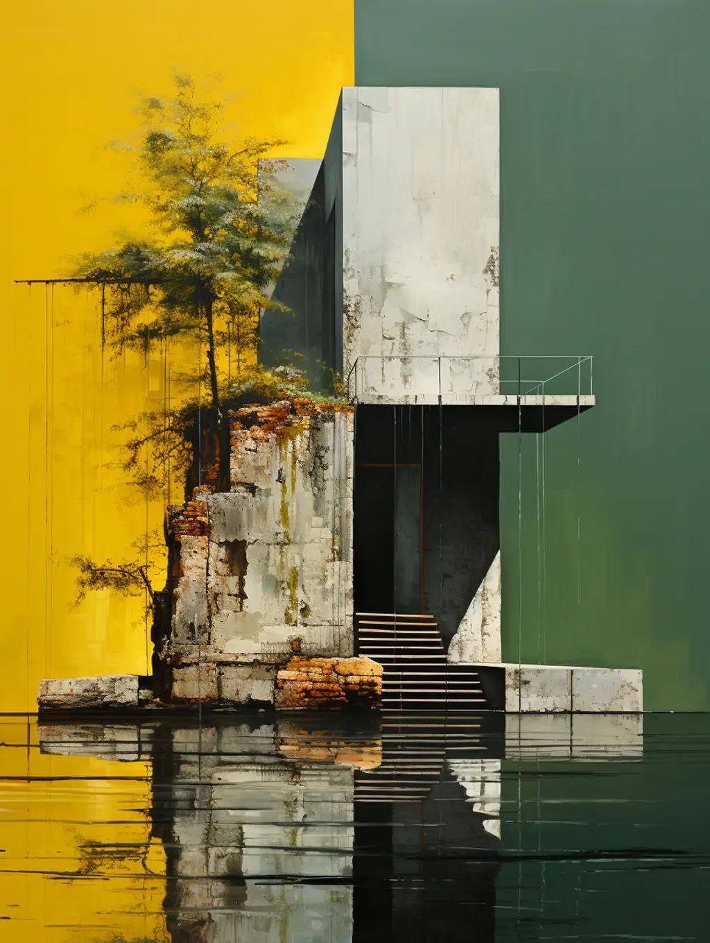 极简主义自然和谐达沃明奇中国建筑抽象画黄色绿色摄影海报背景midjourney关键词咒语分享 - Ai宇宙吧--Ai宇宙吧-