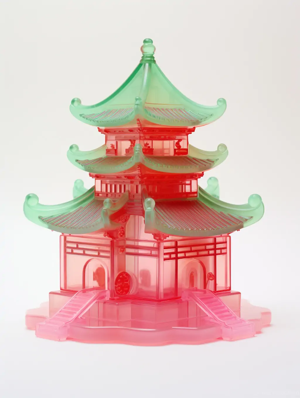 粉红色聚氨酯塑料半透明中国风朋克阁楼寺庙建筑立体模型midjourney关键词咒语分享 - Ai宇宙吧--Ai宇宙吧-