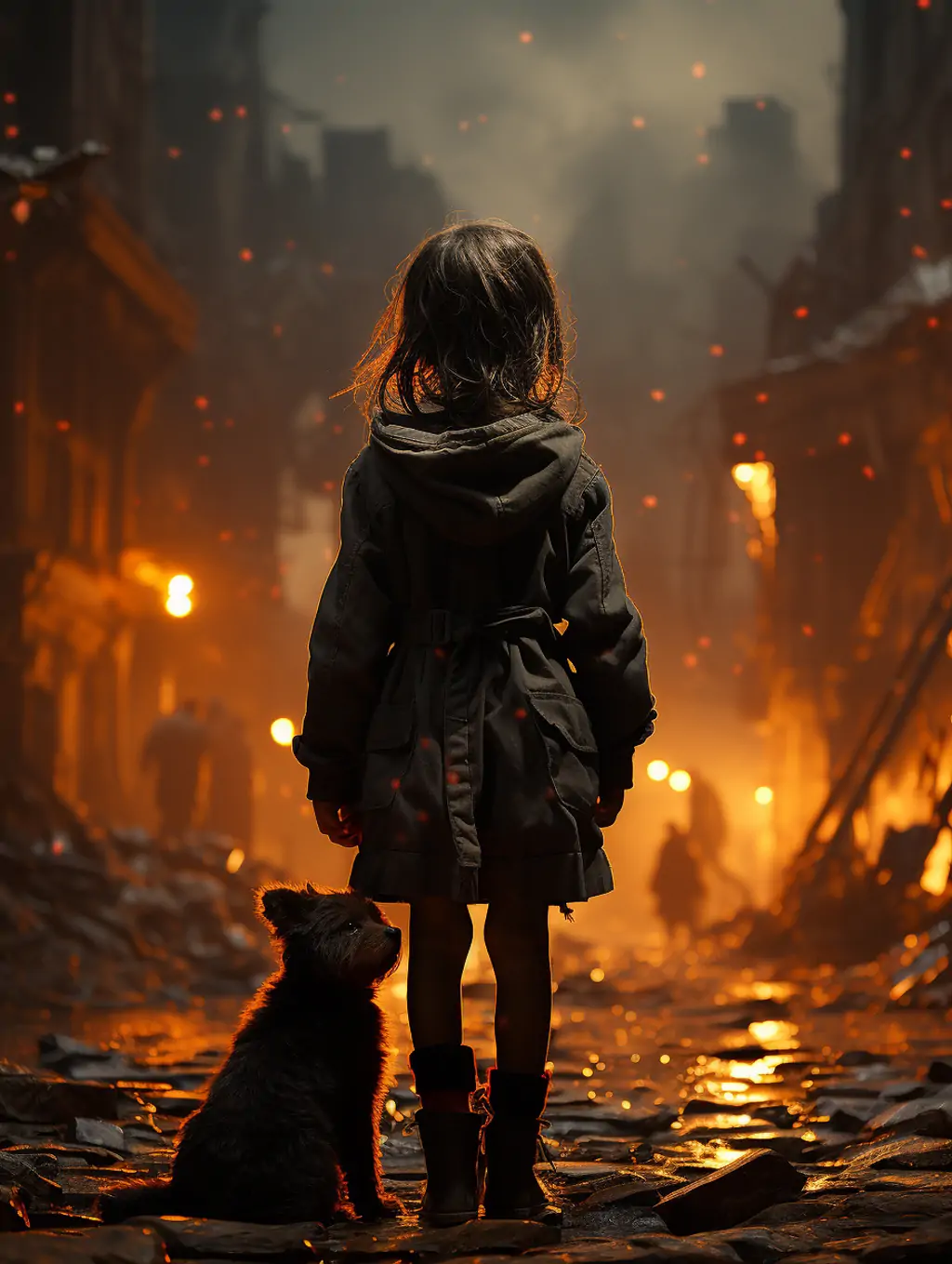 战争中的巴勒斯坦儿童小女孩灾难火灾残酷背影艺术摄影照片海报midjourney关键词咒语分享 - Ai宇宙吧--Ai宇宙吧-