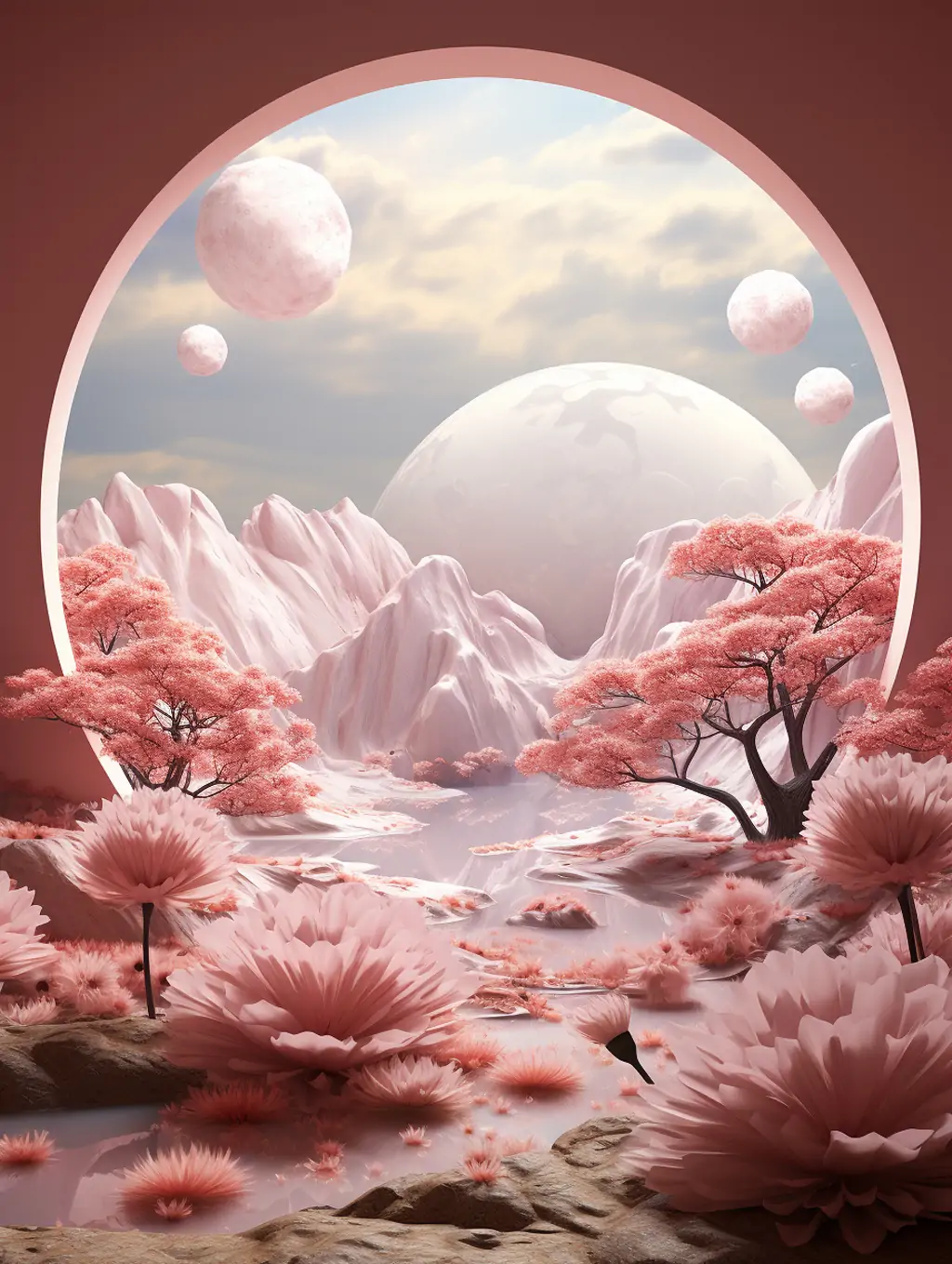 超现实主义3D立体粉色荷花池塘雪山星球自然景观舞台艺术海报背景midjourney关键词咒语分享 - Ai宇宙吧--Ai宇宙吧-