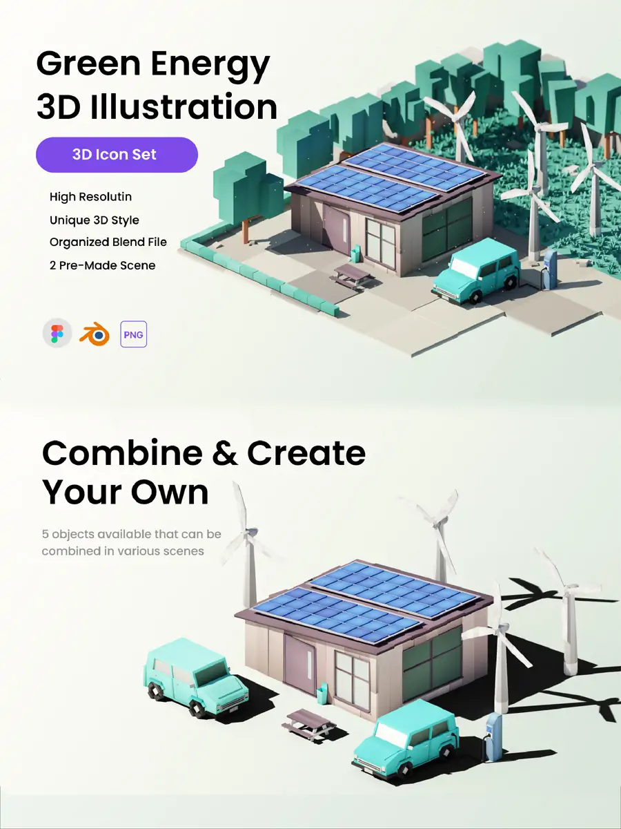 3D立体绿色环保能源风车建筑汽车组合插图blender模型 - Ai宇宙吧--Ai宇宙吧-
