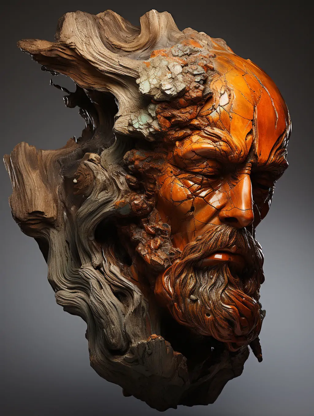 创意抽象神秘石化木材超现实人物头像雕塑木雕艺术模型midjourney关键词咒语 - Ai宇宙吧--Ai宇宙吧-