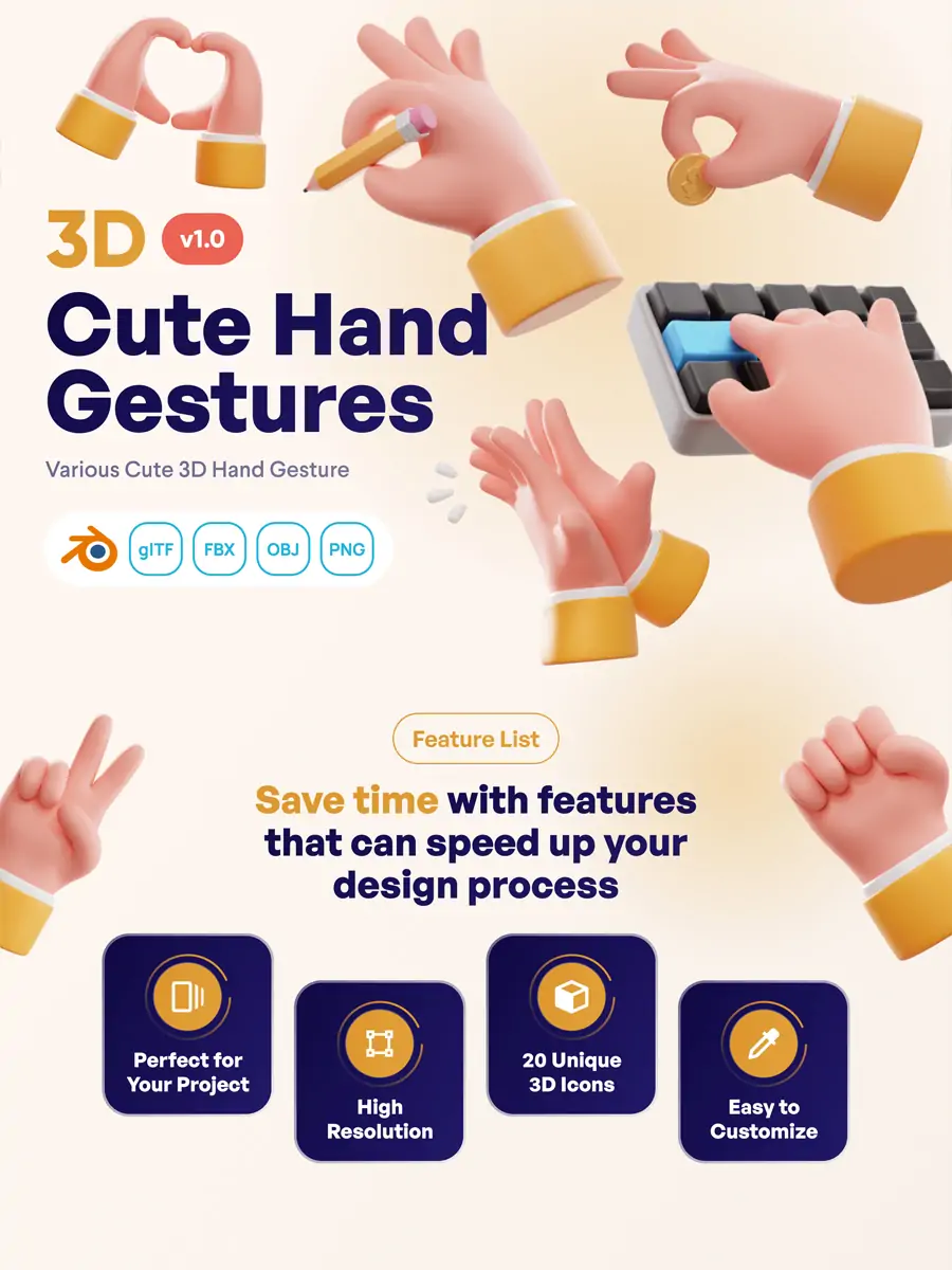 手绘3D立体可爱卡通趣味手势动作姿势图标插图blender模型-Ai宇宙吧-