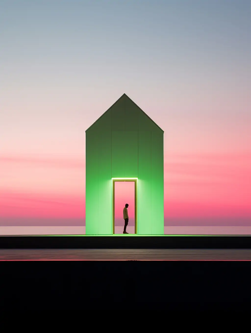 极简主义唯美粉色绿色霓虹灯几何房屋建筑天堂人物艺术摄影海报midjourney关键词咒语 - Ai宇宙吧--Ai宇宙吧-