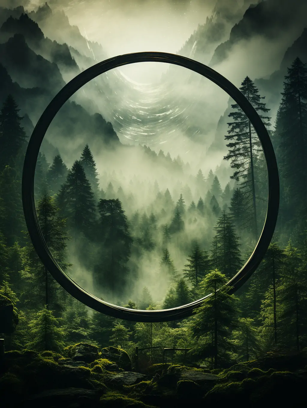 绿色神秘森林夏天树木植物自然山水圆形展台构图摄影海报背景midjourney关键词咒语 - Ai宇宙吧--Ai宇宙吧-