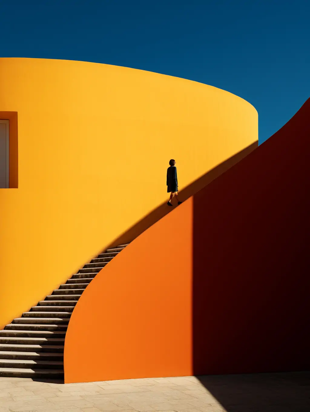 极简主义彩色楼梯建筑空间曲线光影人物艺术摄影照片海报midjourney关键词咒语分享 - Ai宇宙吧--Ai宇宙吧-