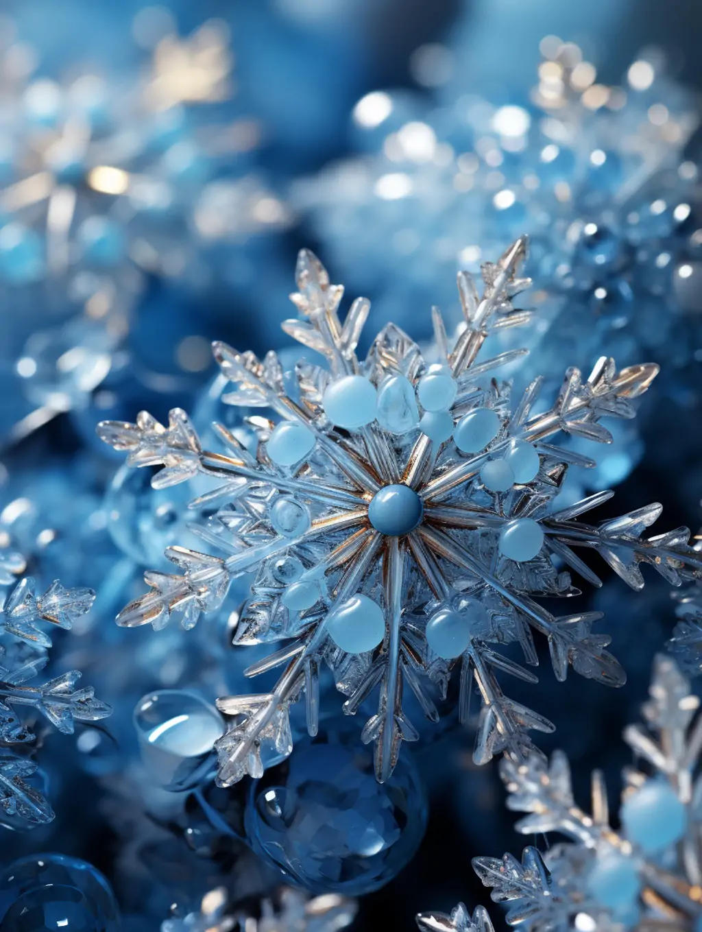 创意冬天蓝色透明晶莹剔透立体雪花模型装饰产品摄影海报midjourney关键词咒语 - Ai宇宙吧--Ai宇宙吧-