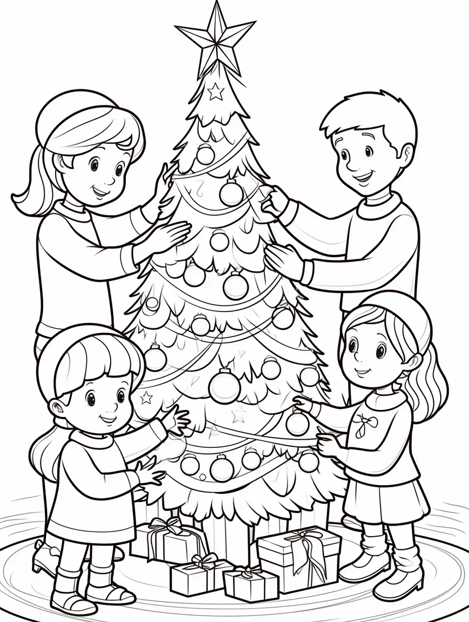 圣诞节家庭装扮圣诞树黑白线稿简笔画涂色卡Midjourney关键词提示词咒语 - Ai宇宙吧--Ai宇宙吧-