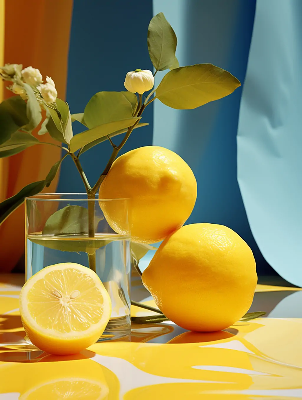 创意阳光印象派抽象艺术水果柠檬静物生鲜广告摄影海报midjourney关键词咒语-Ai宇宙吧-