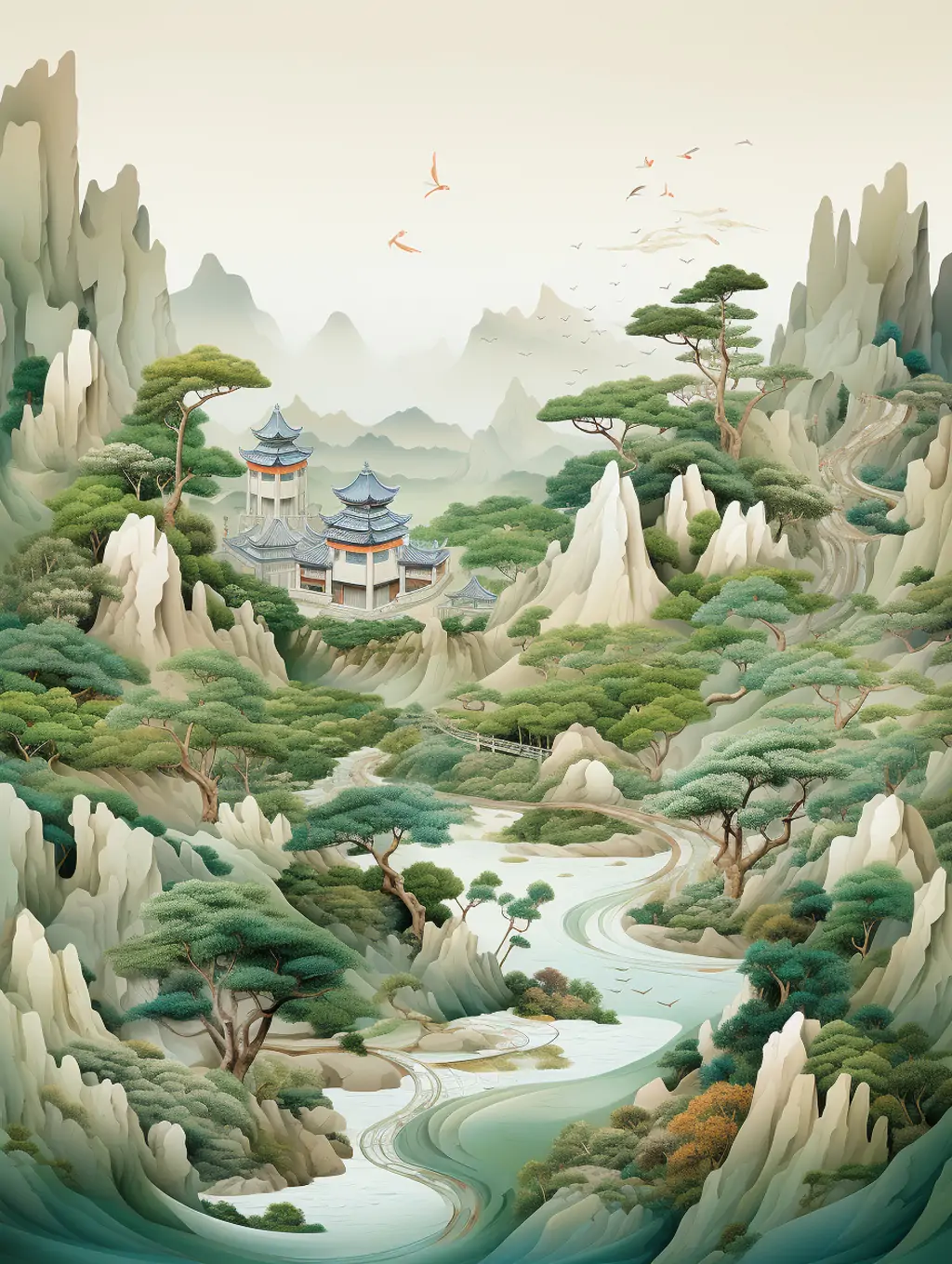 Midjourney - 中国风古典艺术绿色山水风景植物建筑阁楼仙境自然景观插图海报midjourney关键词咒语 场景-Ai宇宙吧-