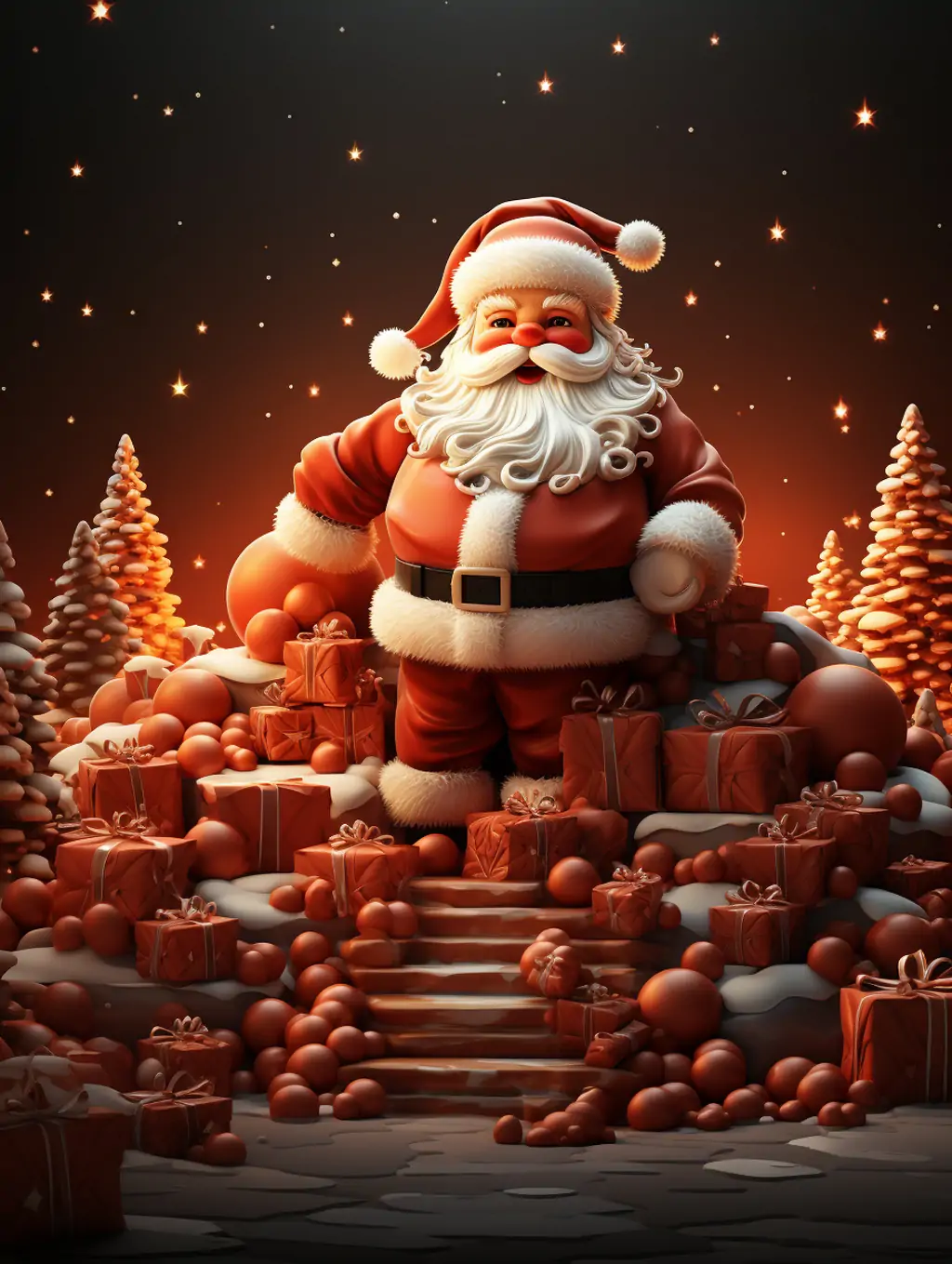 红色圣诞节圣诞老人礼物烟囱雪人装饰童话世界人物模型场景海报midjourney关键词咒语： - Ai宇宙吧--Ai宇宙吧-