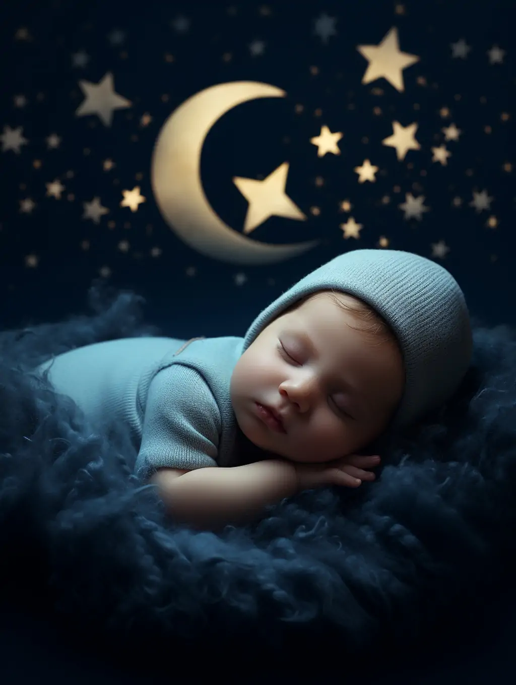 可爱熟睡的婴儿宝宝满月照蓝色星星月亮背景艺术写真照片摄影海报midjourney关键词咒语 - Ai宇宙吧--Ai宇宙吧-