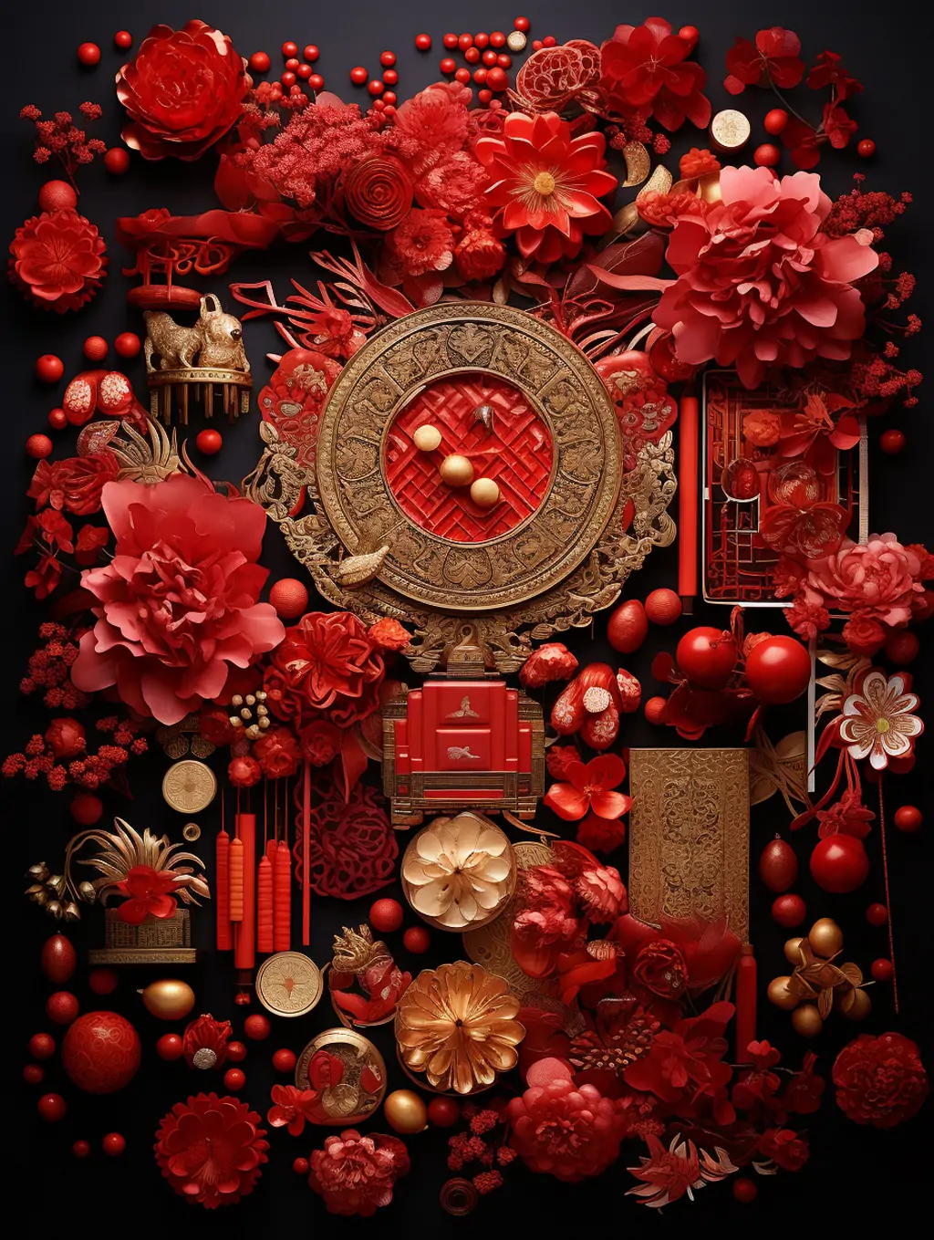 红色中国风新年元旦春节装饰元素建筑阁楼庆祝海报背景midjourney关键词咒语 - Ai宇宙吧--Ai宇宙吧-