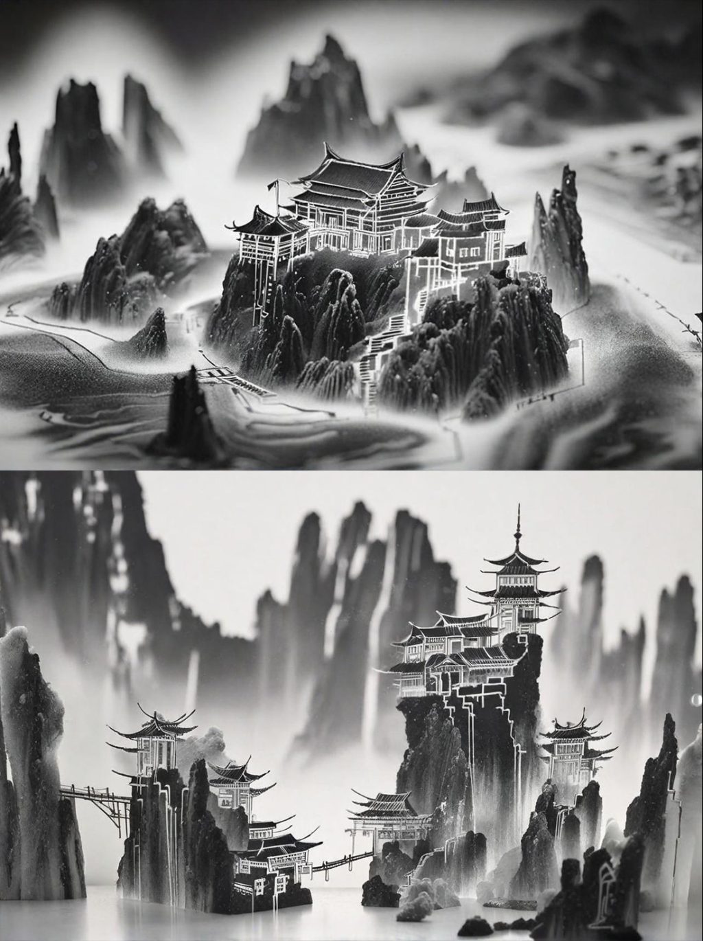 中国风黑白山水山脉画古建筑立体微缩景观奇域ai关键词咒语 - Ai宇宙吧--Ai宇宙吧-