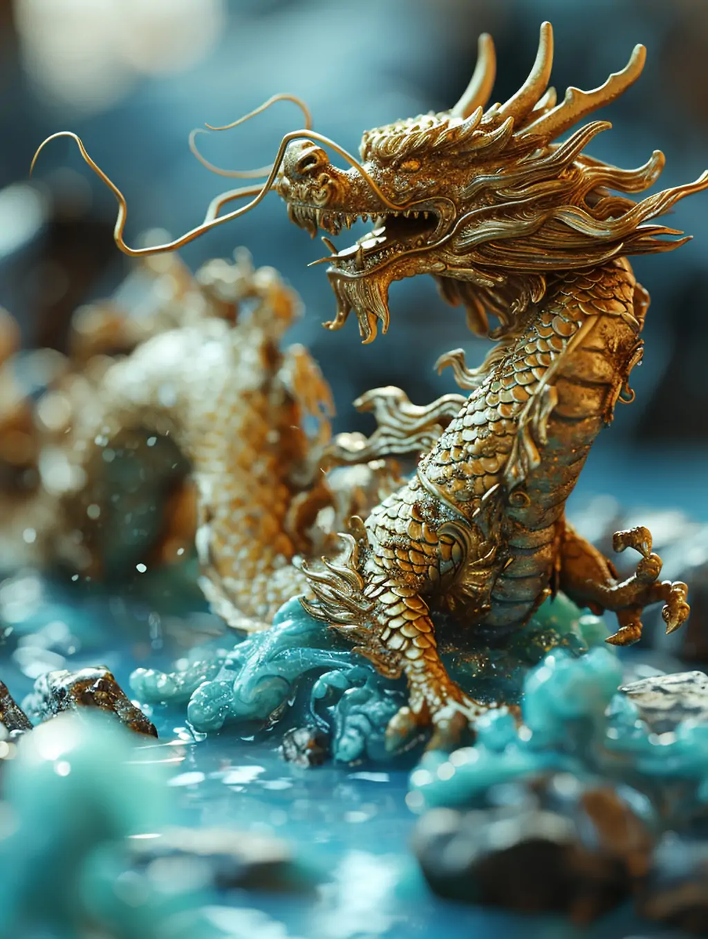中国风3D立体超精细逼真金龙动物模型设计广告摄影海报midjourney关键词咒语 - Ai宇宙吧--Ai宇宙吧-