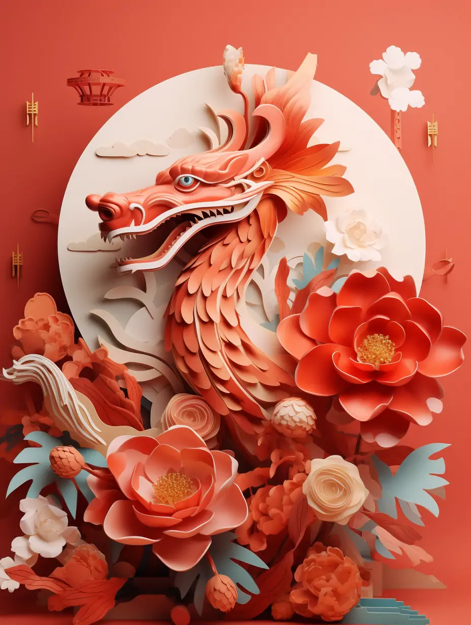 2024年中国新年元旦春节贺卡现代拼贴3D立体剪纸艺术插画海报midjourney关键词咒语 - Ai宇宙吧--Ai宇宙吧-