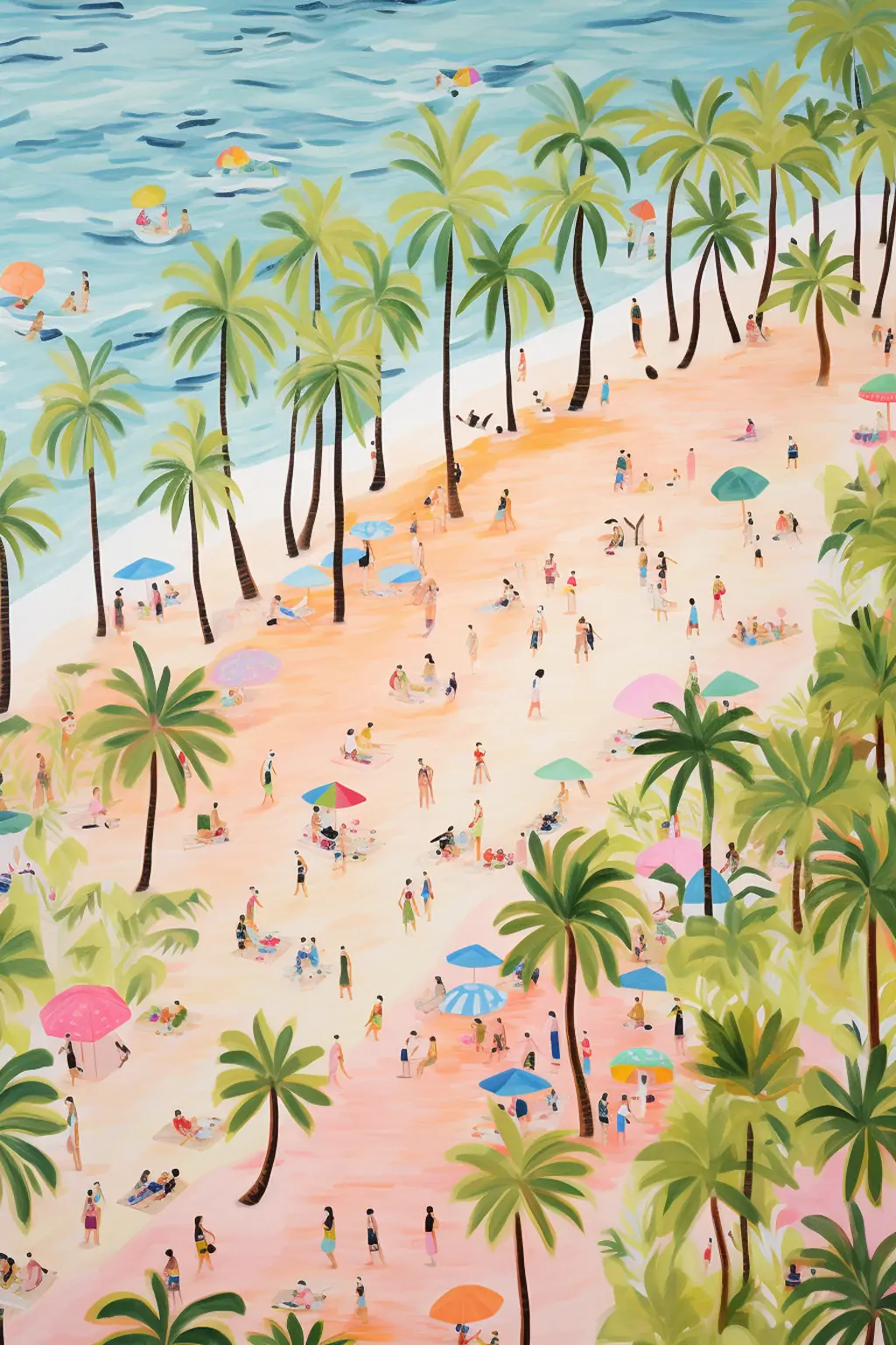 手绘水粉现代画笔线条夏天海滩旅行度假场景鸟瞰图插图海报midjourney关键词咒语分享 - Ai宇宙吧--Ai宇宙吧-
