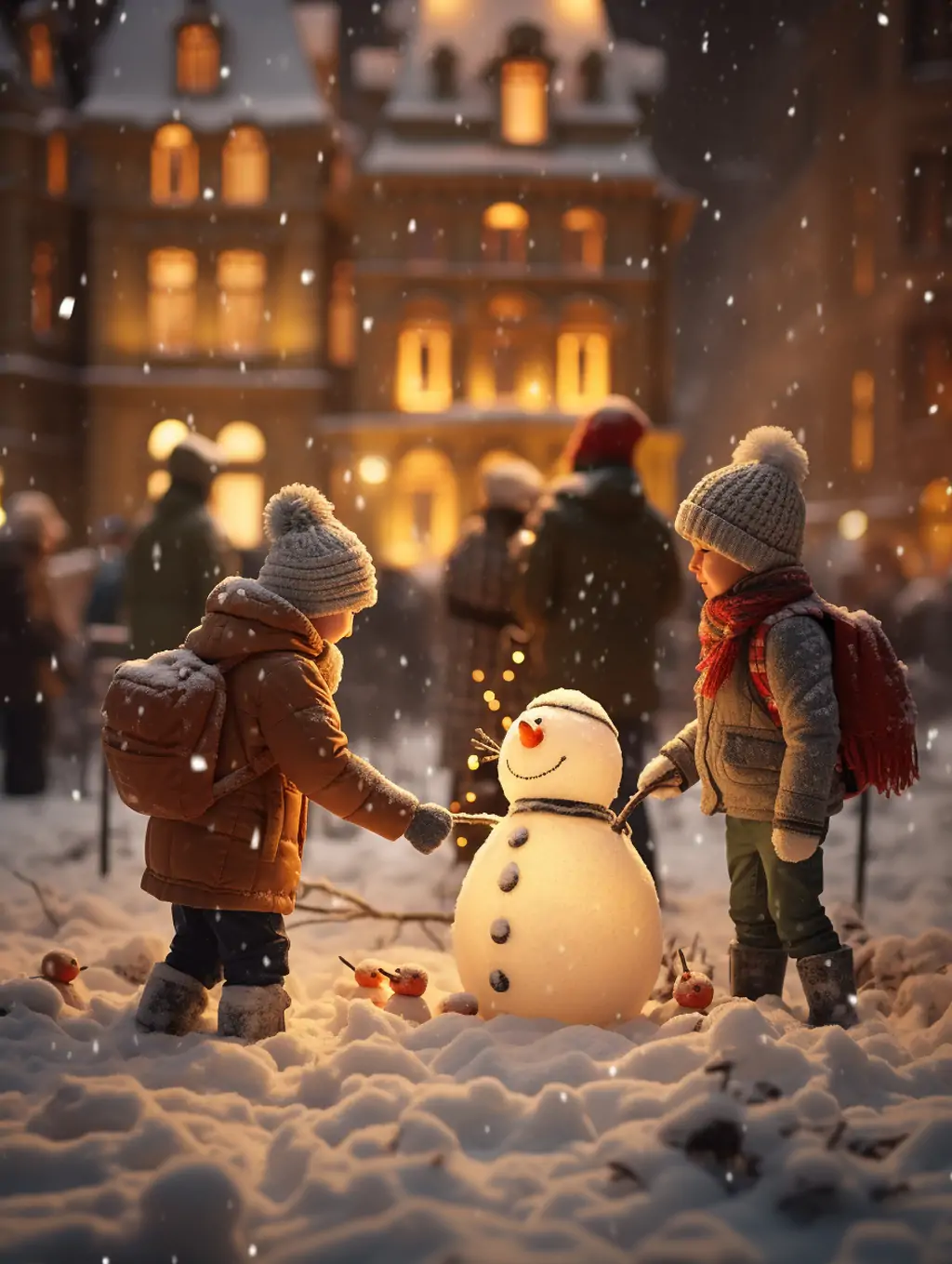 创意冬天下雪天儿童堆雪人圣诞树场景空间艺术摄影海报midjourney关键词咒语分享 - Ai宇宙吧--Ai宇宙吧-